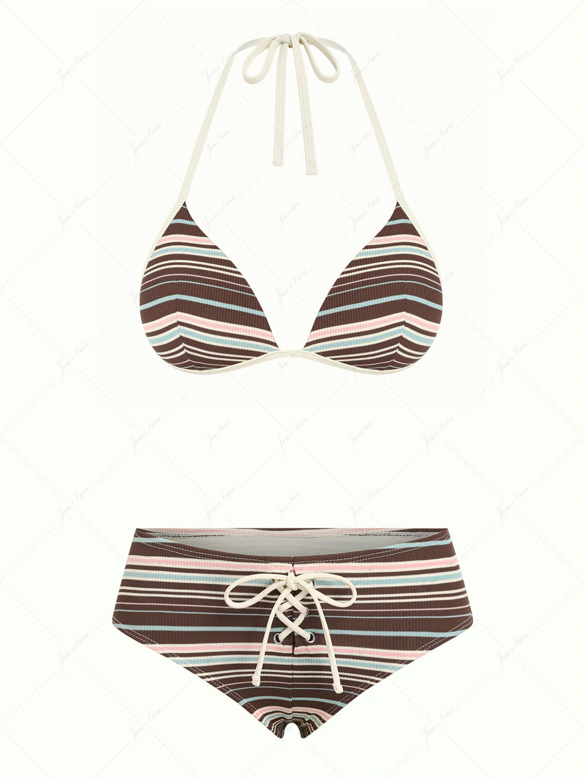 Deep Coffee Ribbed Knit Striped Triangle Push Up Bikini Set