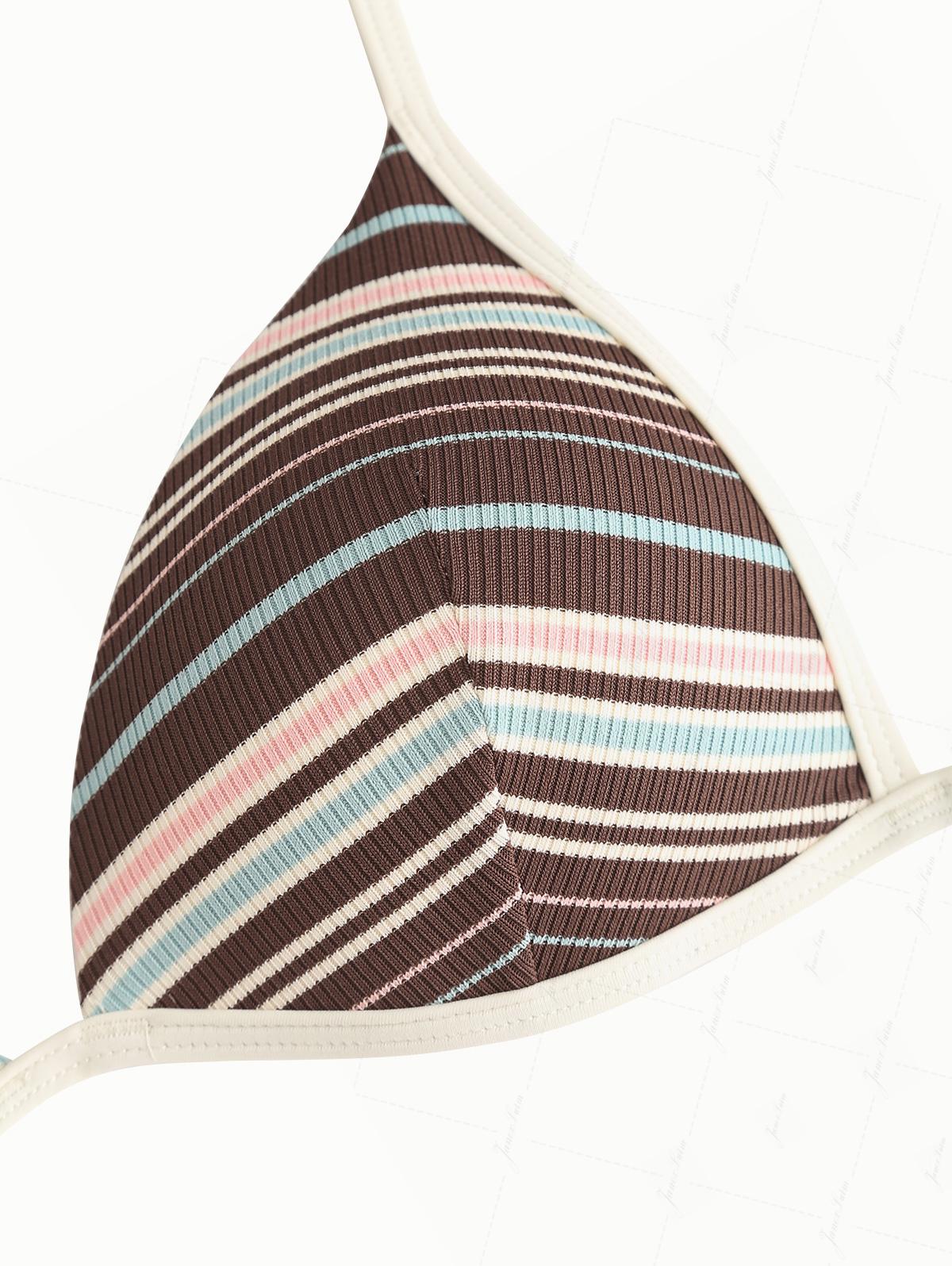 Deep Coffee Ribbed Knit Striped Triangle Push Up Bikini Set - Image 3