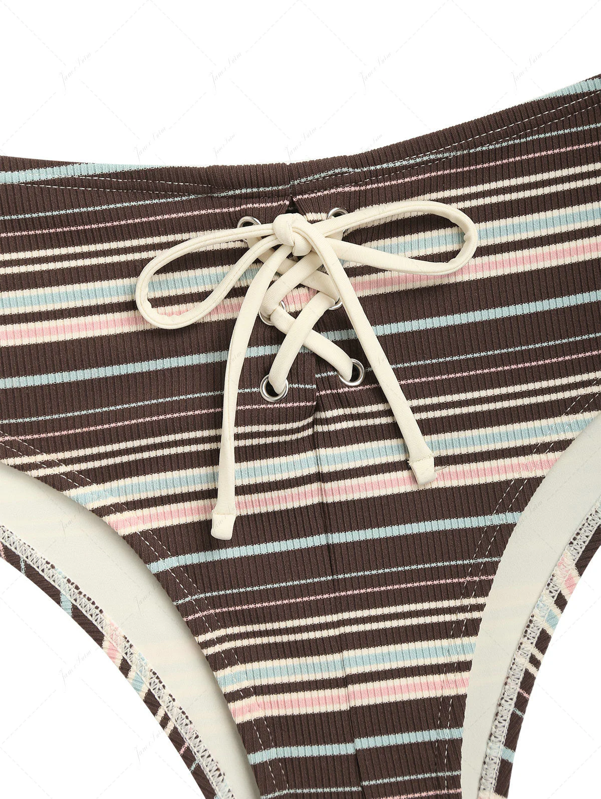 Deep Coffee Ribbed Knit Striped Triangle Push Up Bikini Set - Image 5