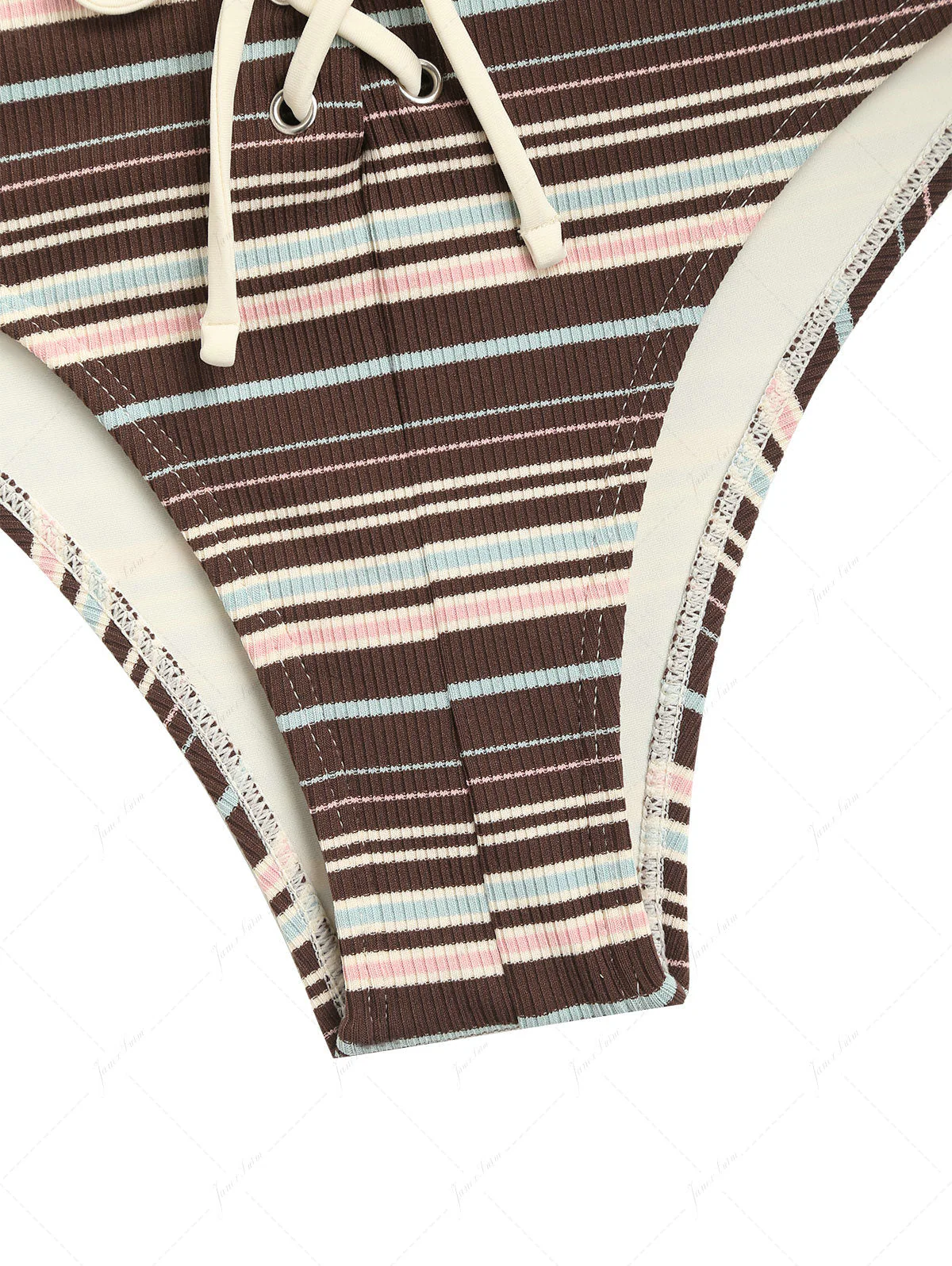 Deep Coffee Ribbed Knit Striped Triangle Push Up Bikini Set - Image 6