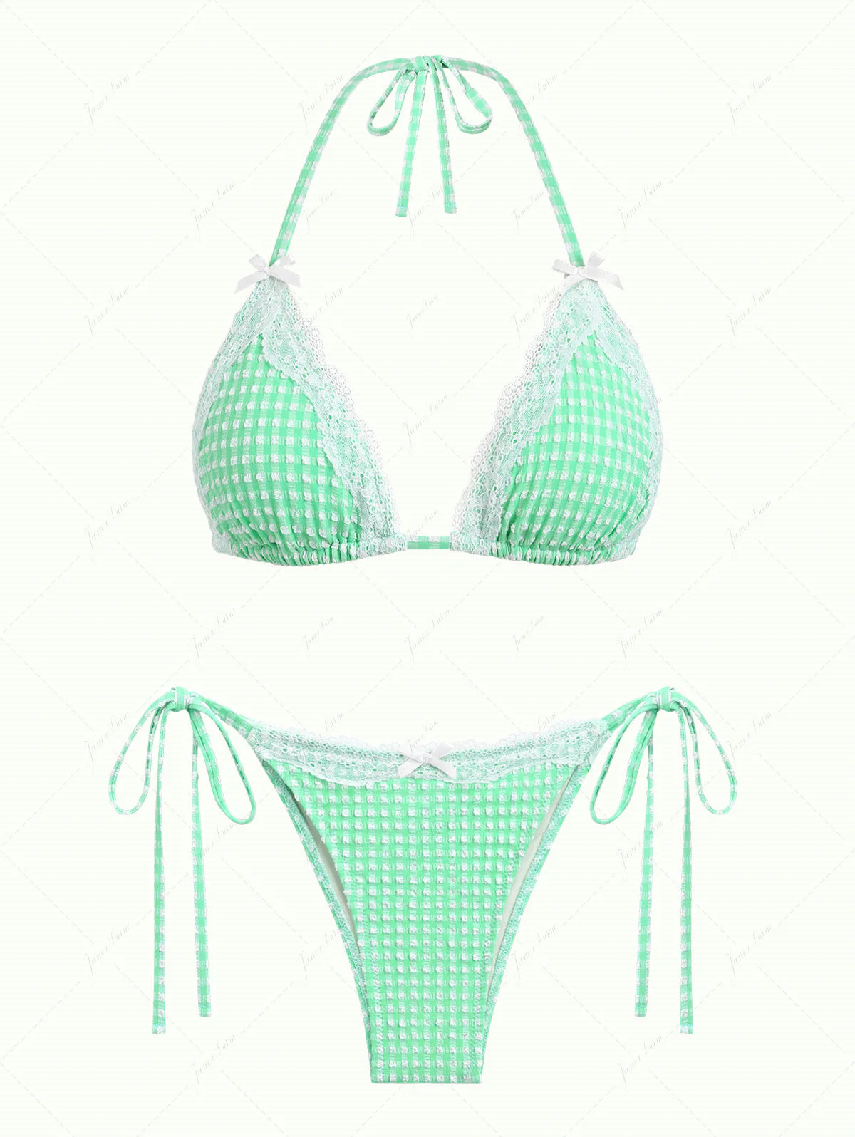 Green Bubble Grid Lace Bowknot Triangle Bikini Set