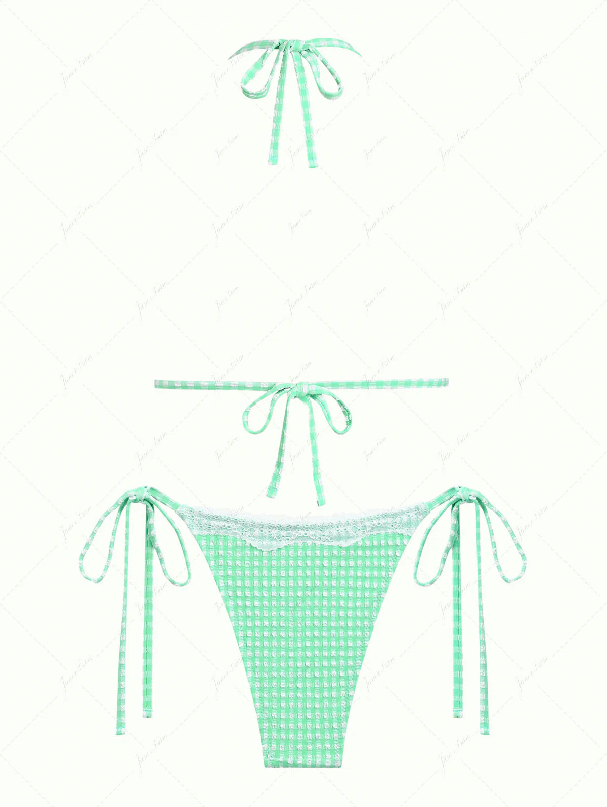 Green Bubble Grid Lace Bowknot Triangle Bikini Set - Image 2