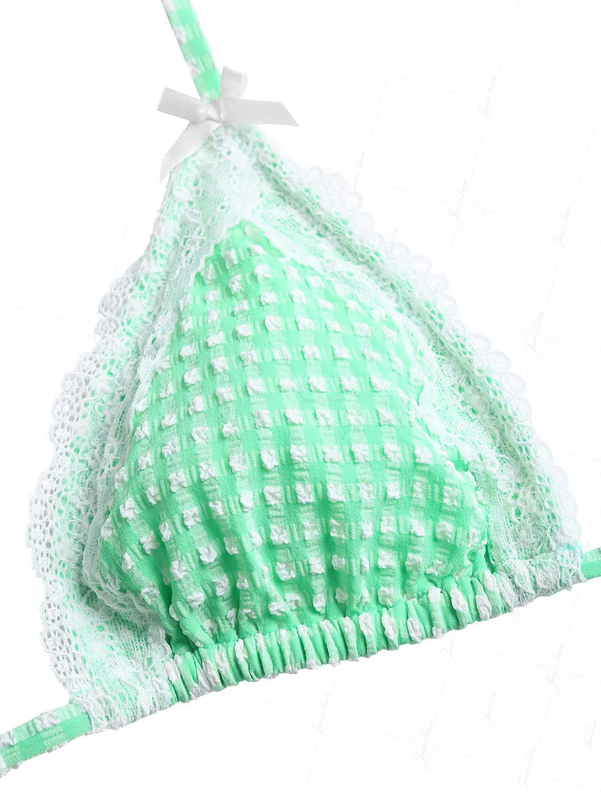Green Bubble Grid Lace Bowknot Triangle Bikini Set - Image 3