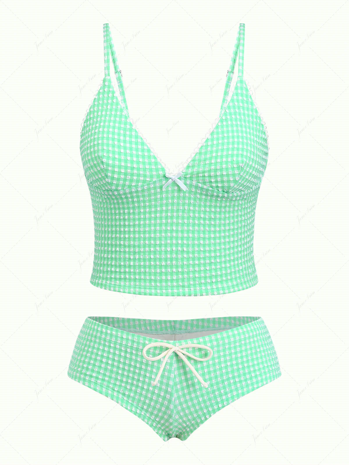 Green Bubble Grid Picot Trim Bowknot Cheeky Boyshorts Tankini Set