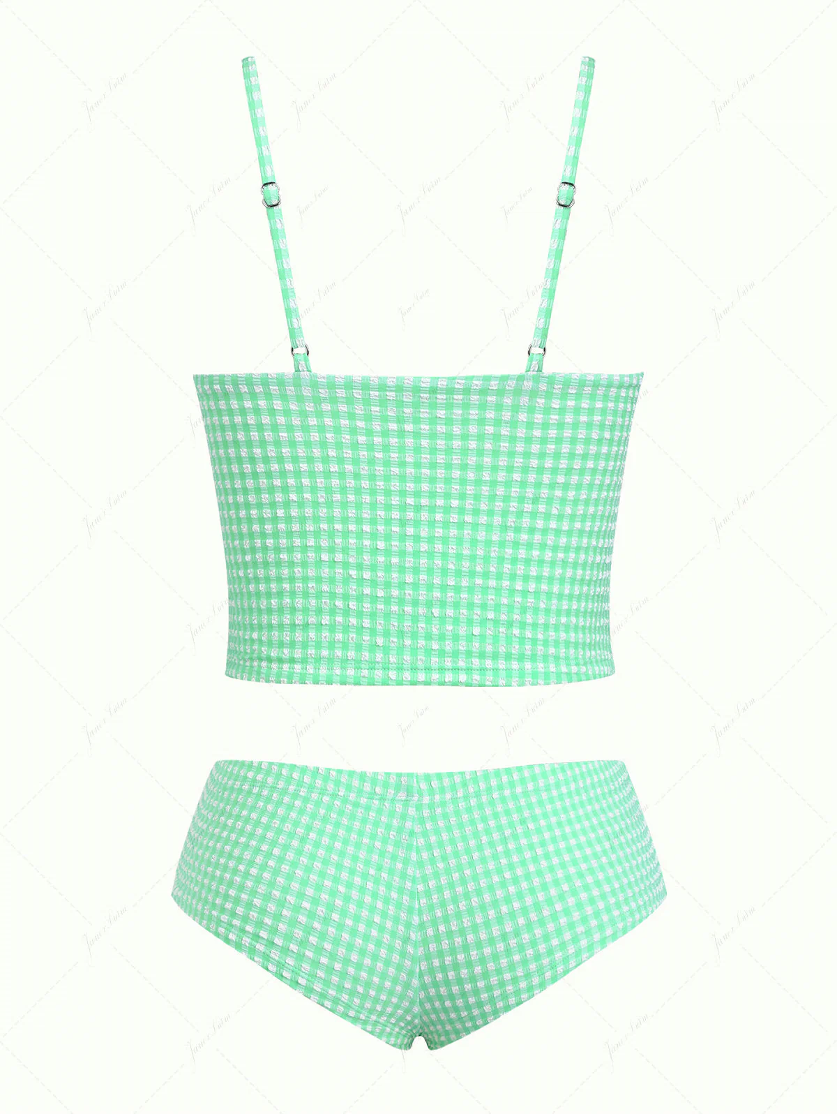 Green Bubble Grid Picot Trim Bowknot Cheeky Boyshorts Tankini Set - Image 2