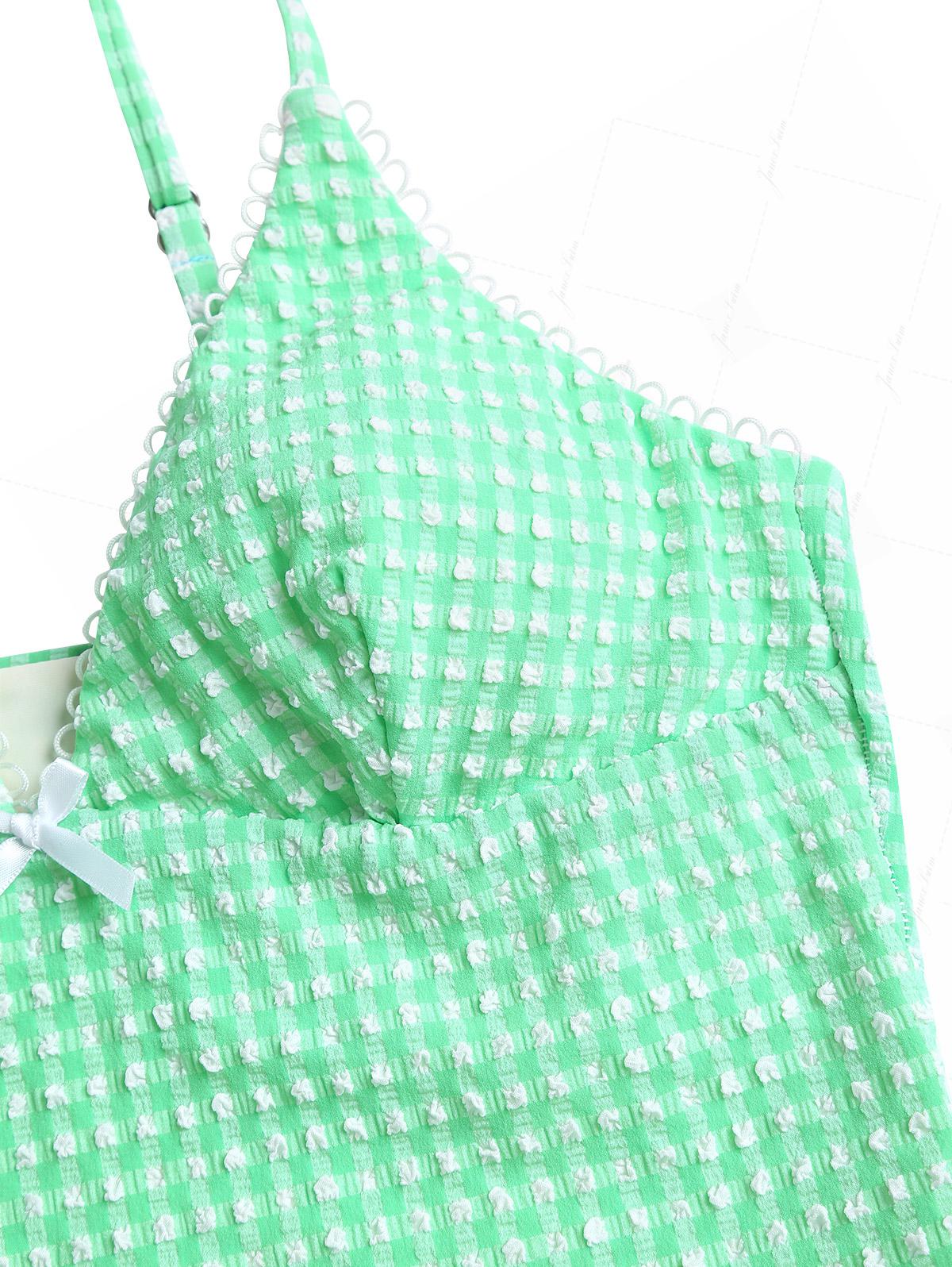 Green Bubble Grid Picot Trim Bowknot Cheeky Boyshorts Tankini Set - Image 3