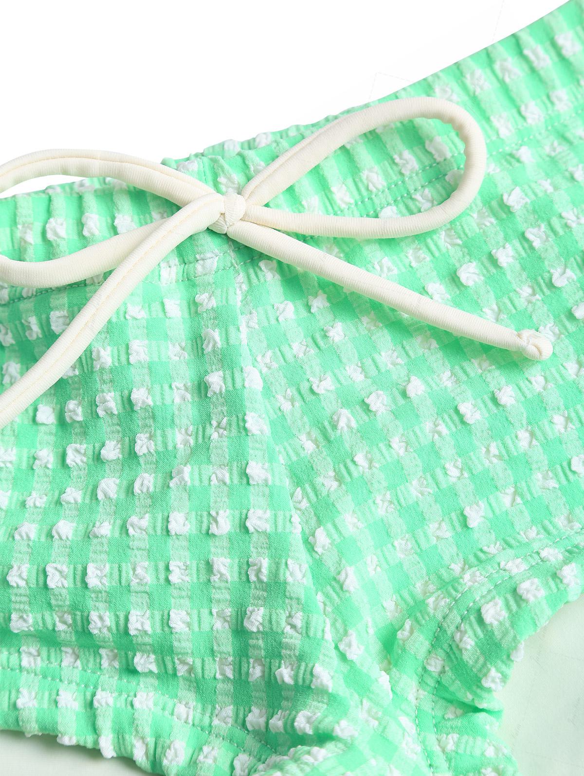 Green Bubble Grid Picot Trim Bowknot Cheeky Boyshorts Tankini Set - Image 5