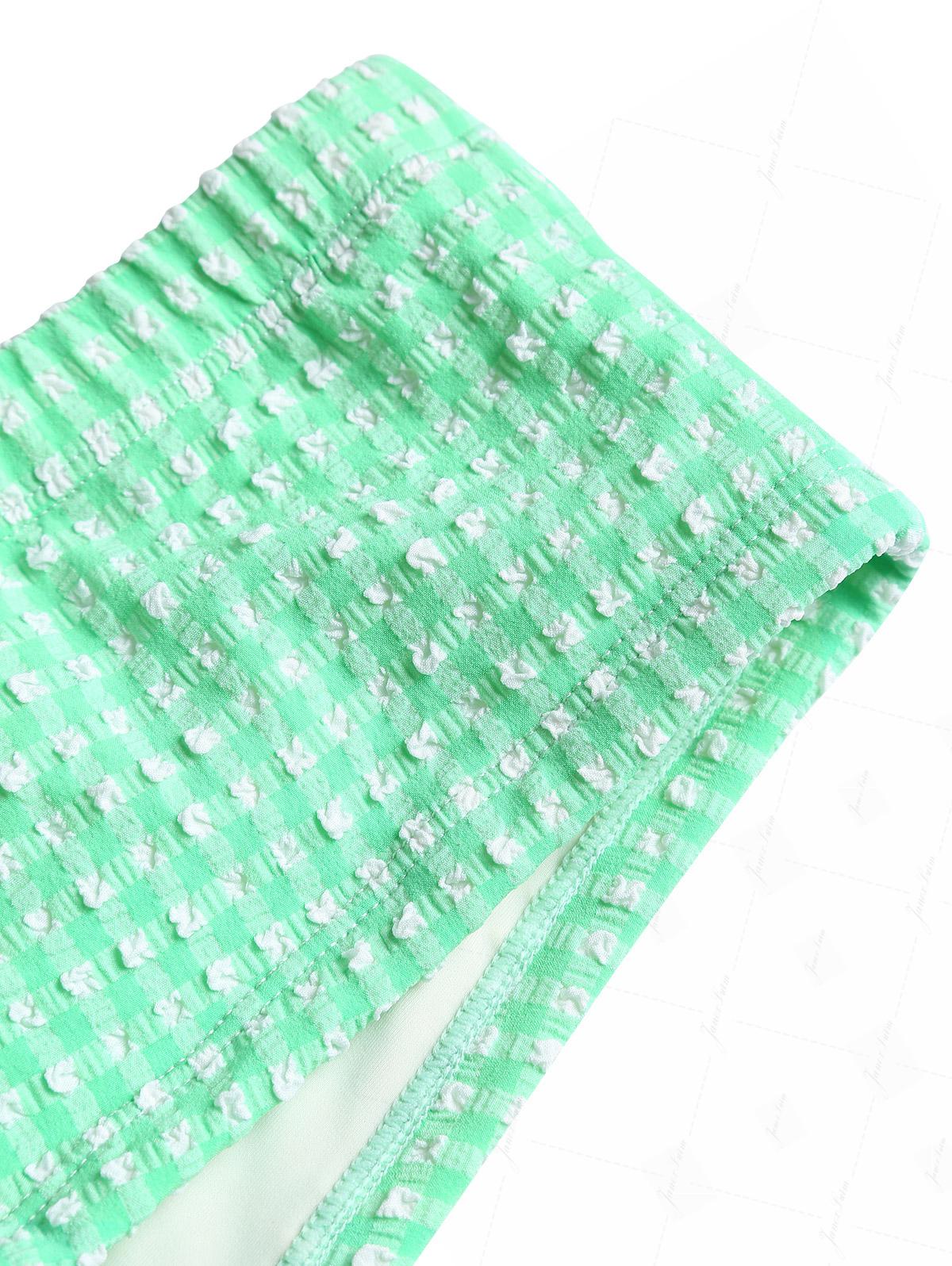Green Bubble Grid Picot Trim Bowknot Cheeky Boyshorts Tankini Set - Image 6