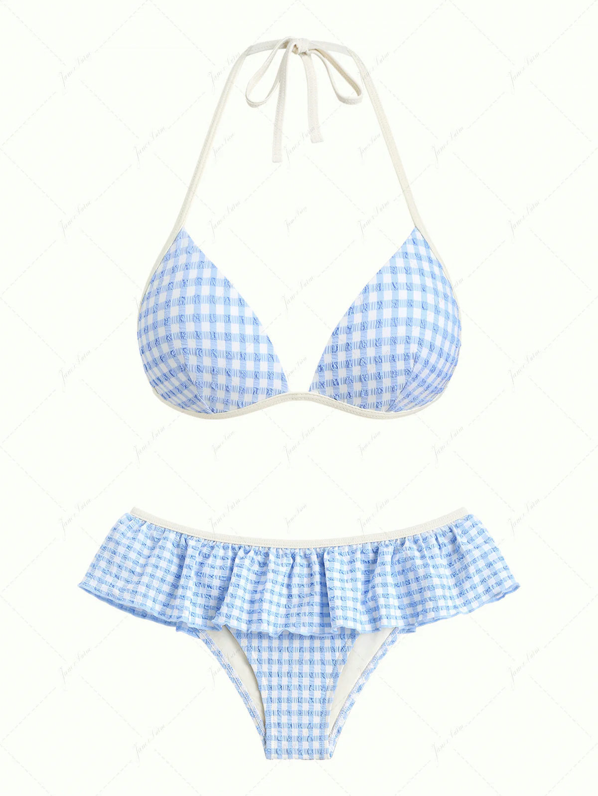 Light Blue Bubble Grid Textured Triangle Push Up Skirtini Bikini Set