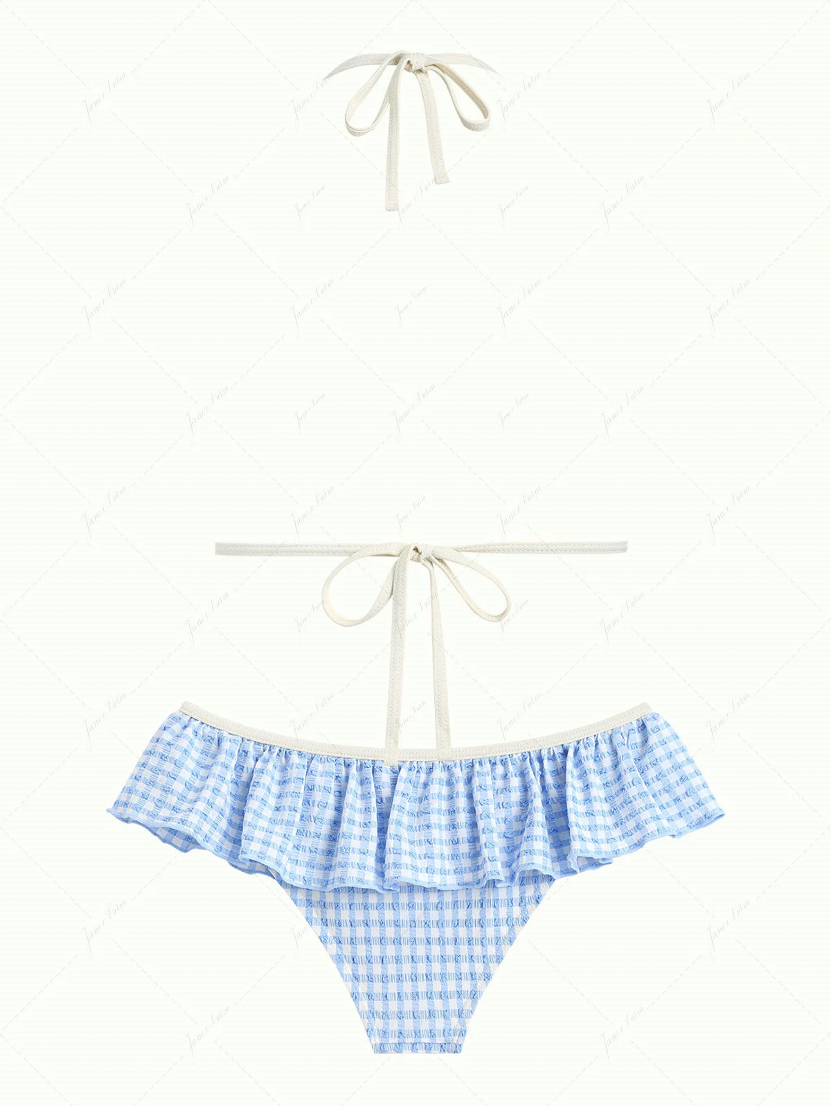Light Blue Bubble Grid Textured Triangle Push Up Skirtini Bikini Set - Image 4