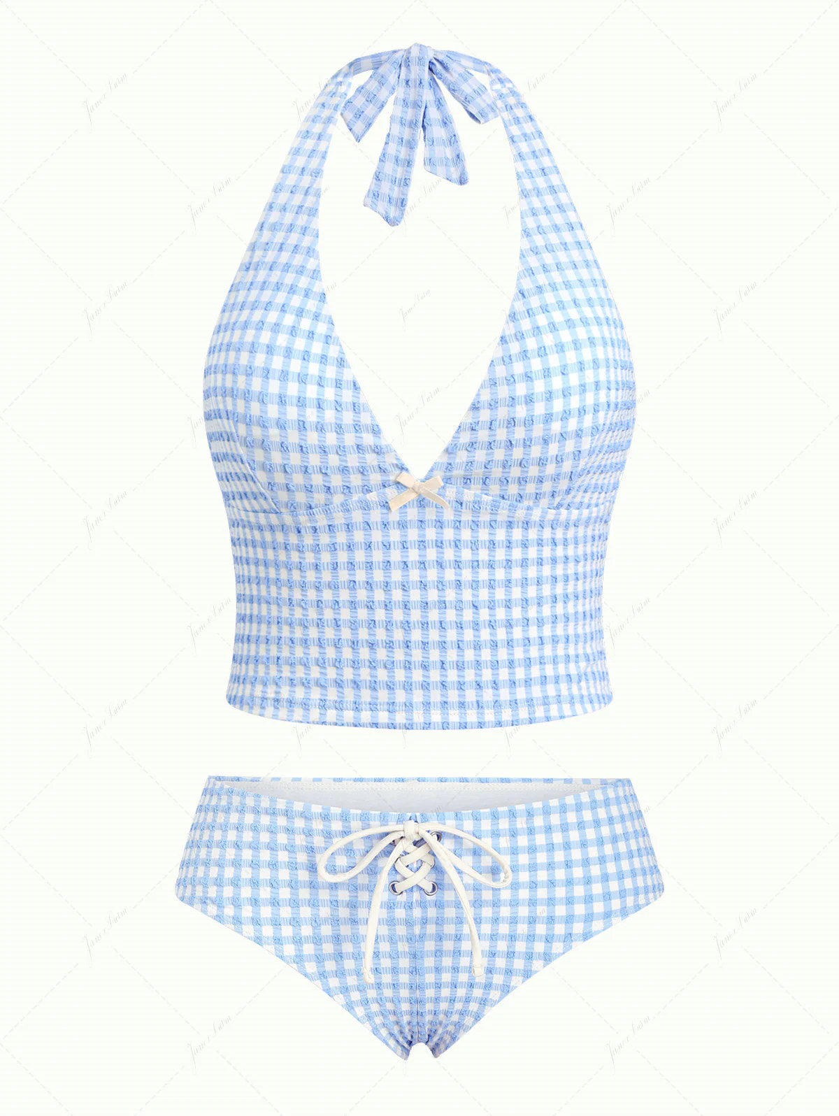 Light Blue Grid Textured Plunging Neck Halter Tied Tankini Set