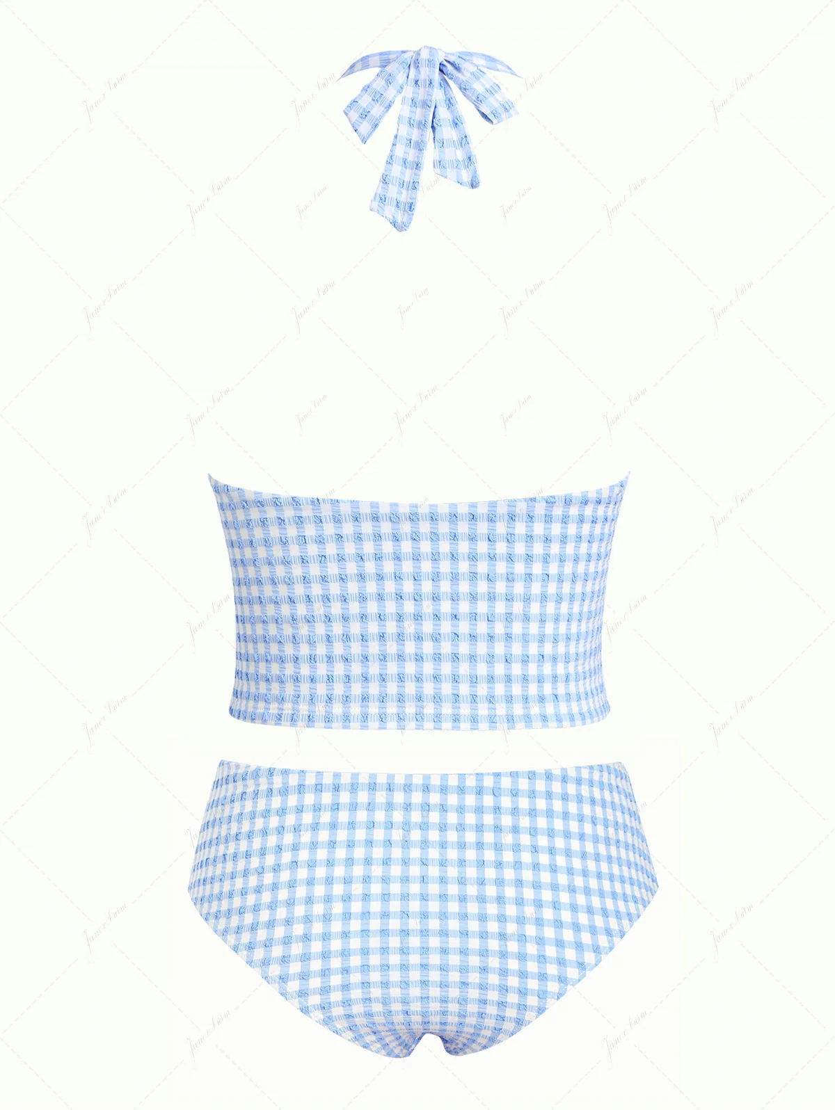 Light Blue Grid Textured Plunging Neck Halter Tied Tankini Set - Image 5
