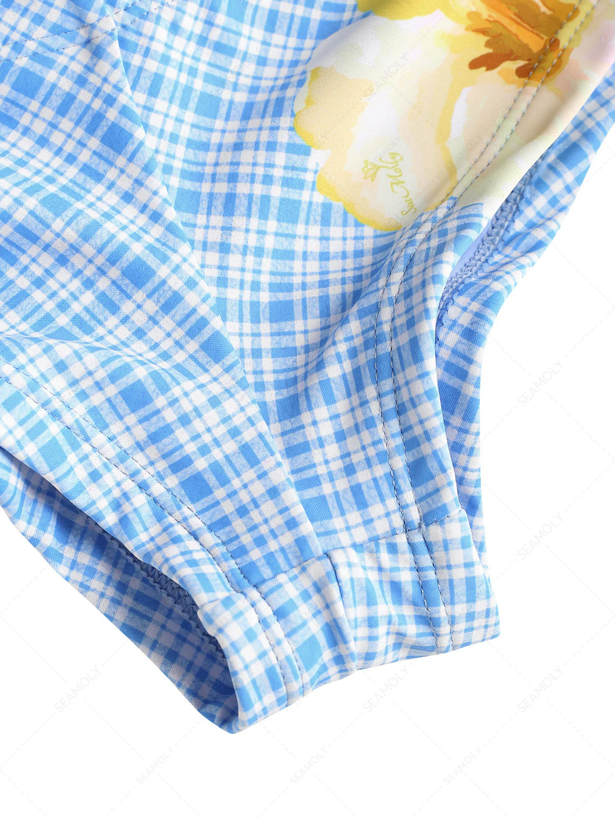 Light Blue Plaid Floral Low Rise Bikini Bottom Cheeky Swim Boyshorts - Hawaii Style - Image 12