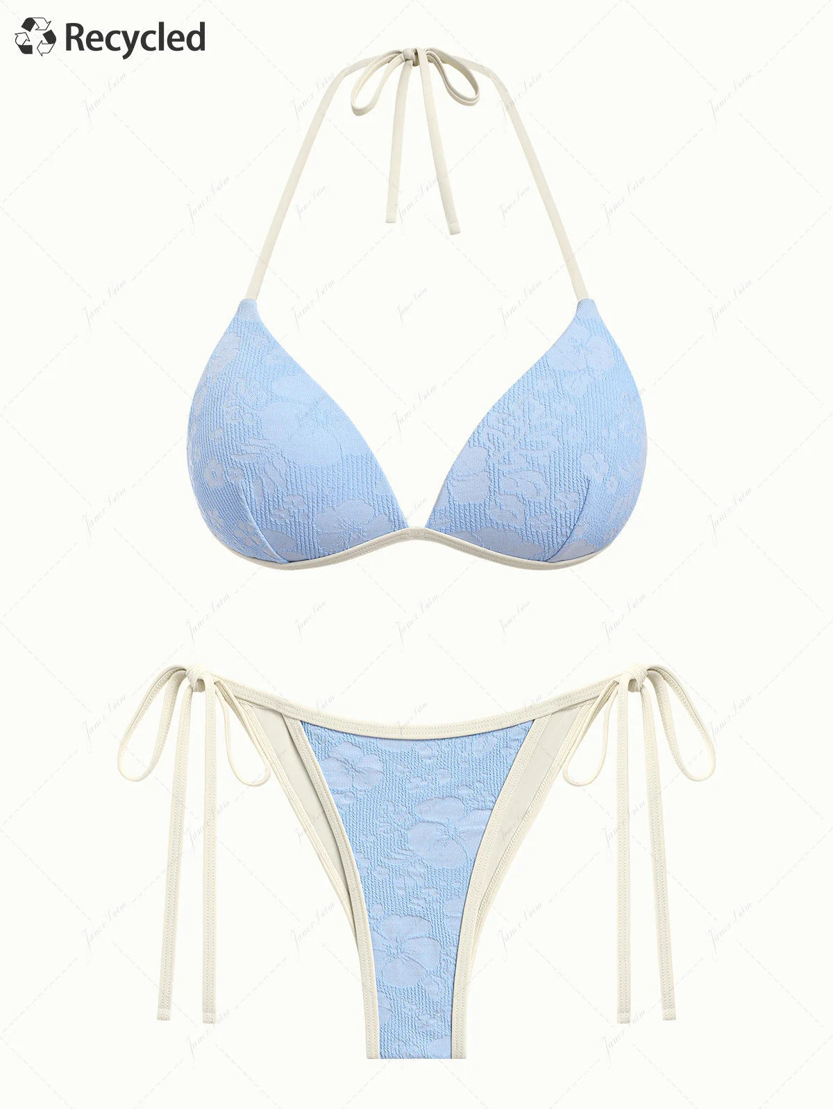Light Blue Recycled Fabric Jacquard Push Up Top & Cheeky Brazilian Bottom Bikini Set