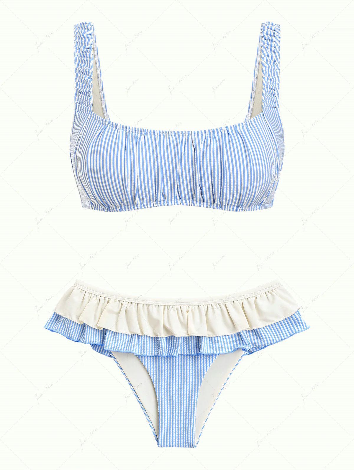 Light Blue Striped Ruched Layered Peplum Skirtini Bikini Set