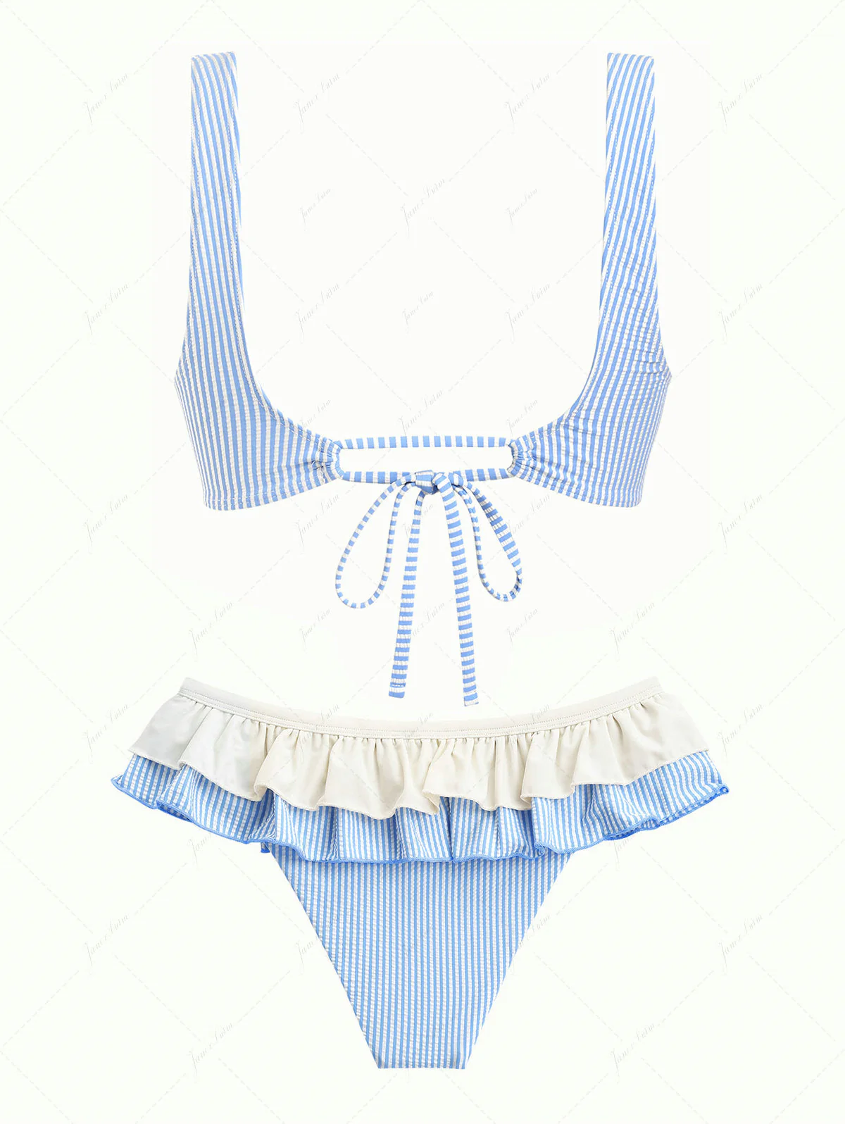 Light Blue Striped Ruched Layered Peplum Skirtini Bikini Set - Image 2
