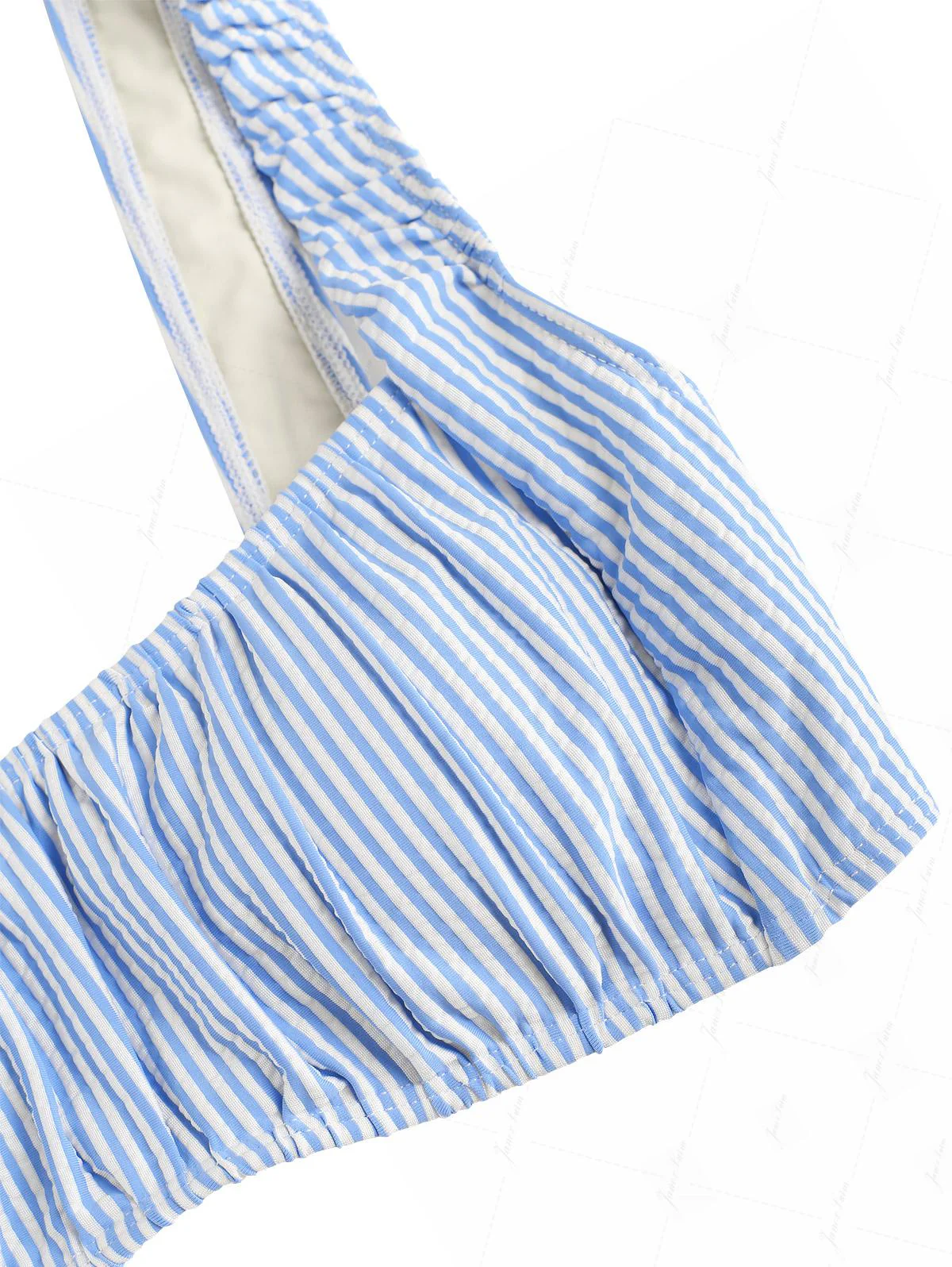 Light Blue Striped Ruched Layered Peplum Skirtini Bikini Set - Image 4