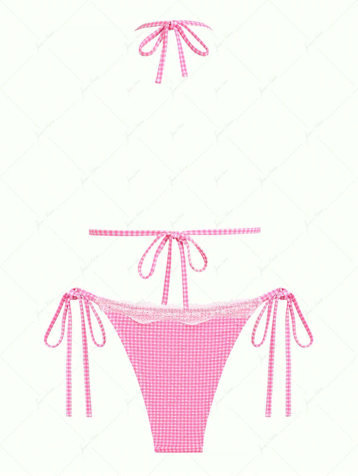 Light Pink Bubble Grid Lace Bowknot Triangle Bikini Set - Image 9