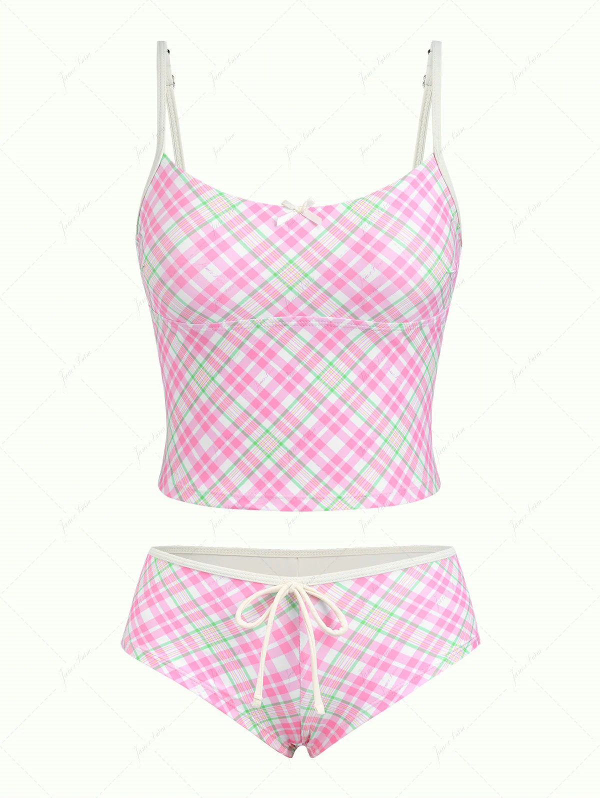 Light Pink Plaid Bowknot Cheeky Boyshorts Tankini Set