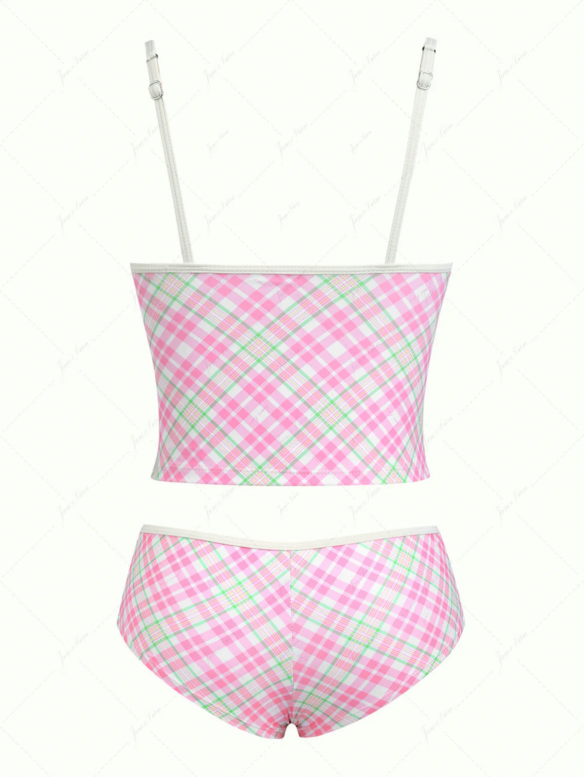 Light Pink Plaid Bowknot Cheeky Boyshorts Tankini Set - Image 2