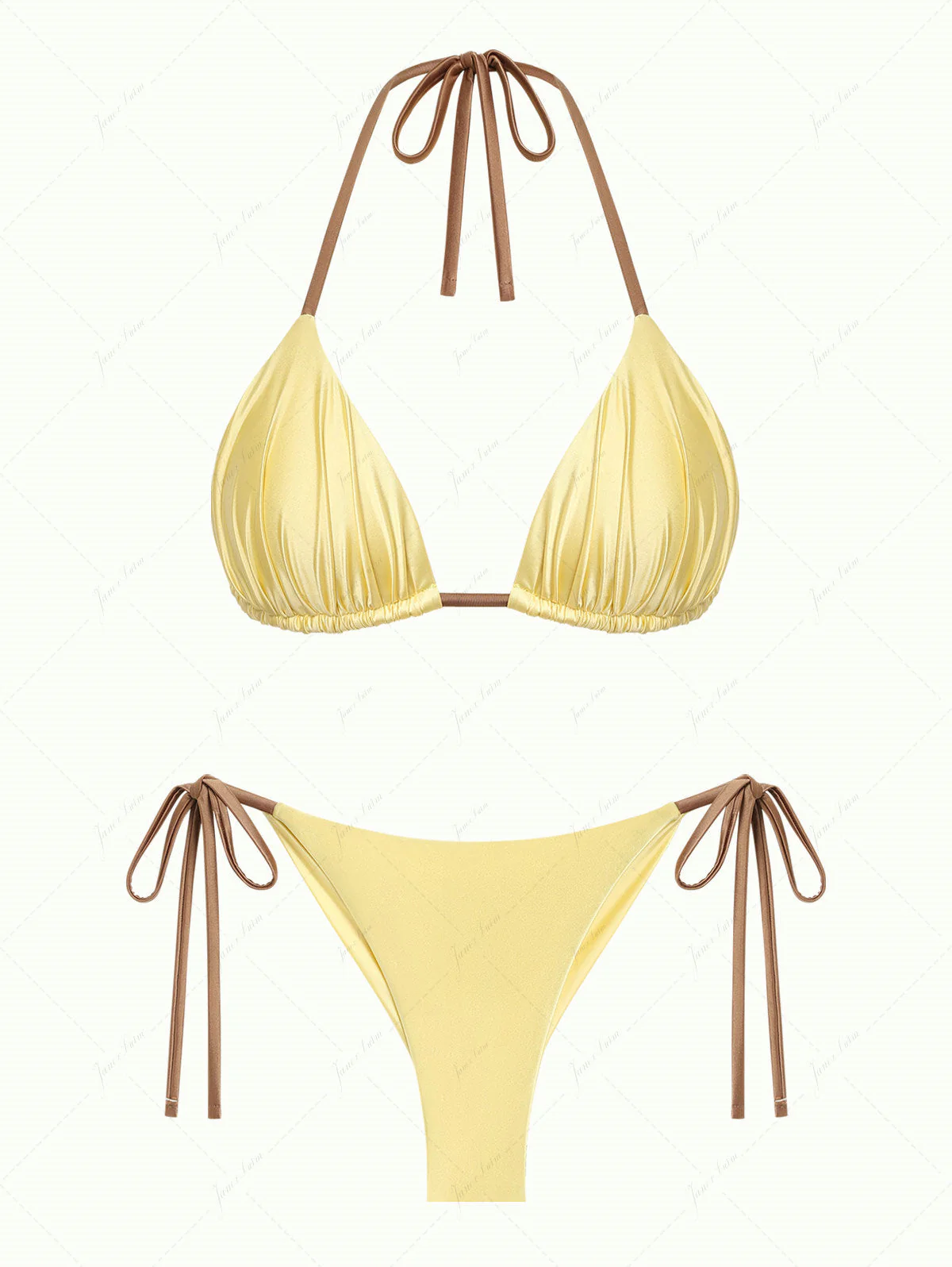 Light Yellow Satin Ruched Triangle Top & Cheeky Brazilian Bottom Bikini Set