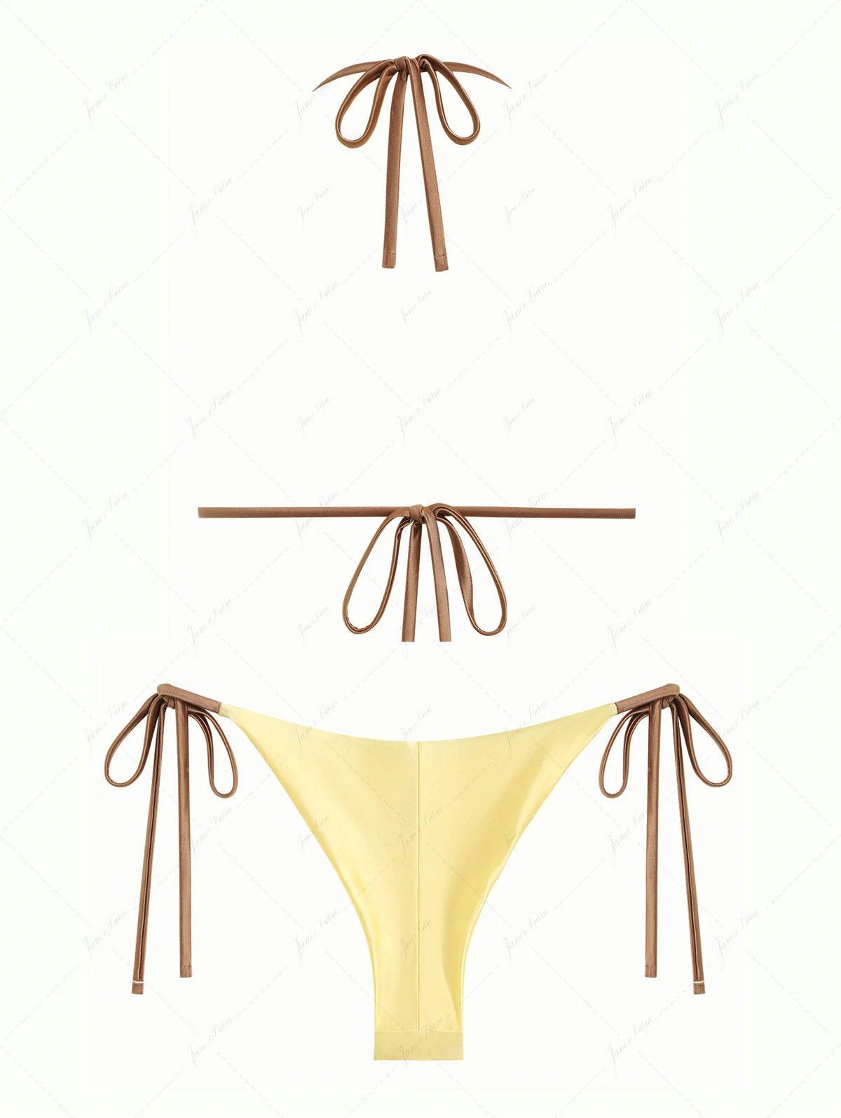 Light Yellow Satin Ruched Triangle Top & Cheeky Brazilian Bottom Bikini Set - Image 2