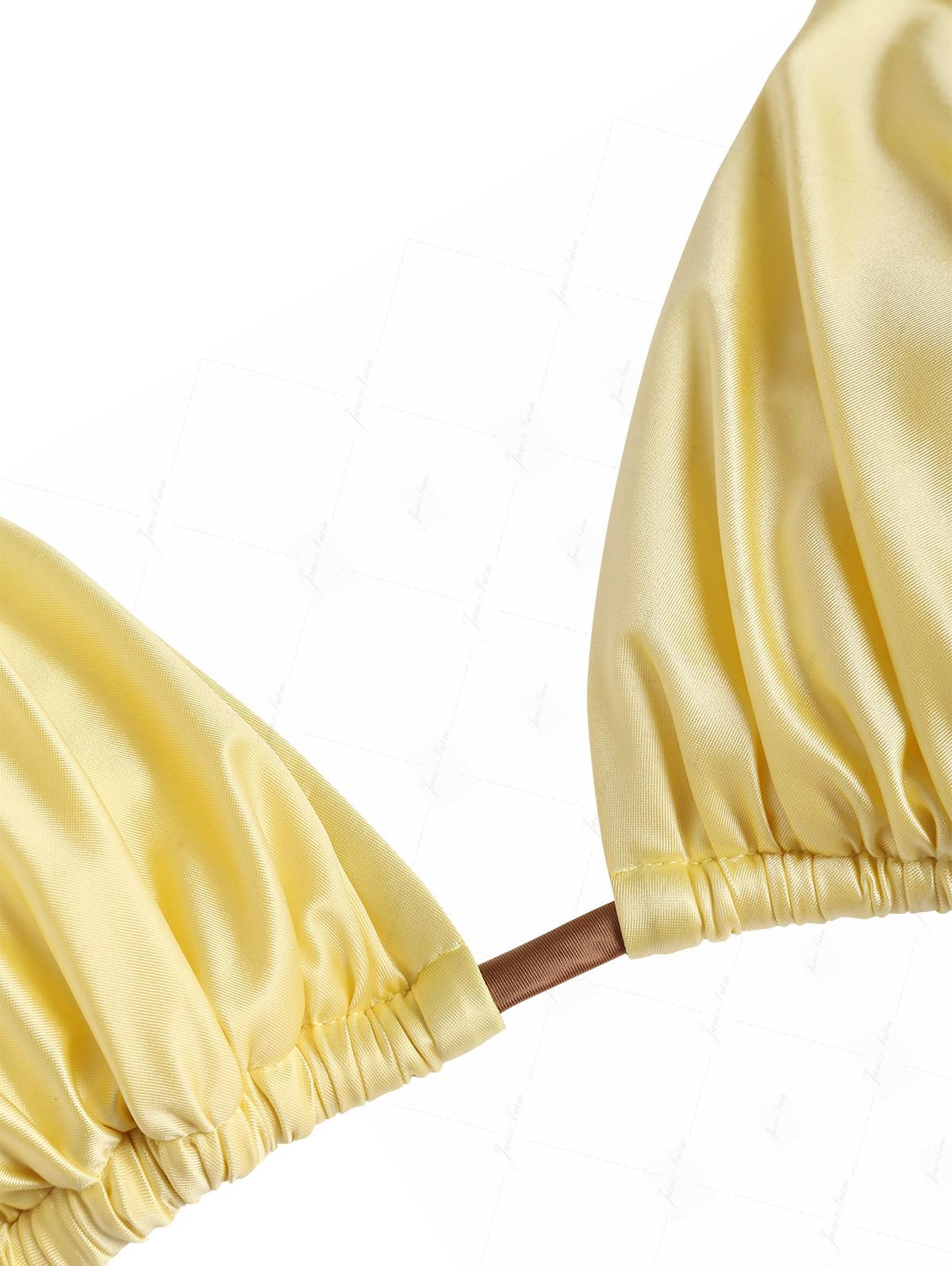 Light Yellow Satin Ruched Triangle Top & Cheeky Brazilian Bottom Bikini Set - Image 3