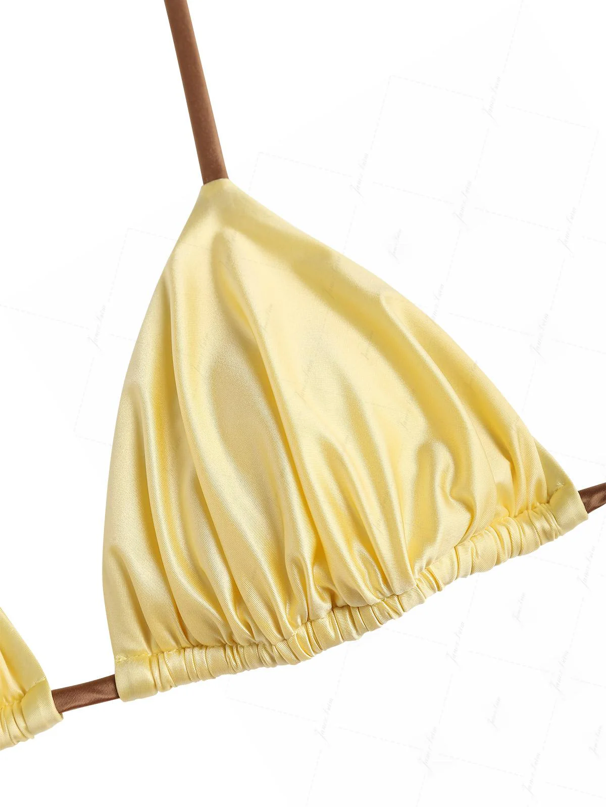 Light Yellow Satin Ruched Triangle Top & Cheeky Brazilian Bottom Bikini Set - Image 4