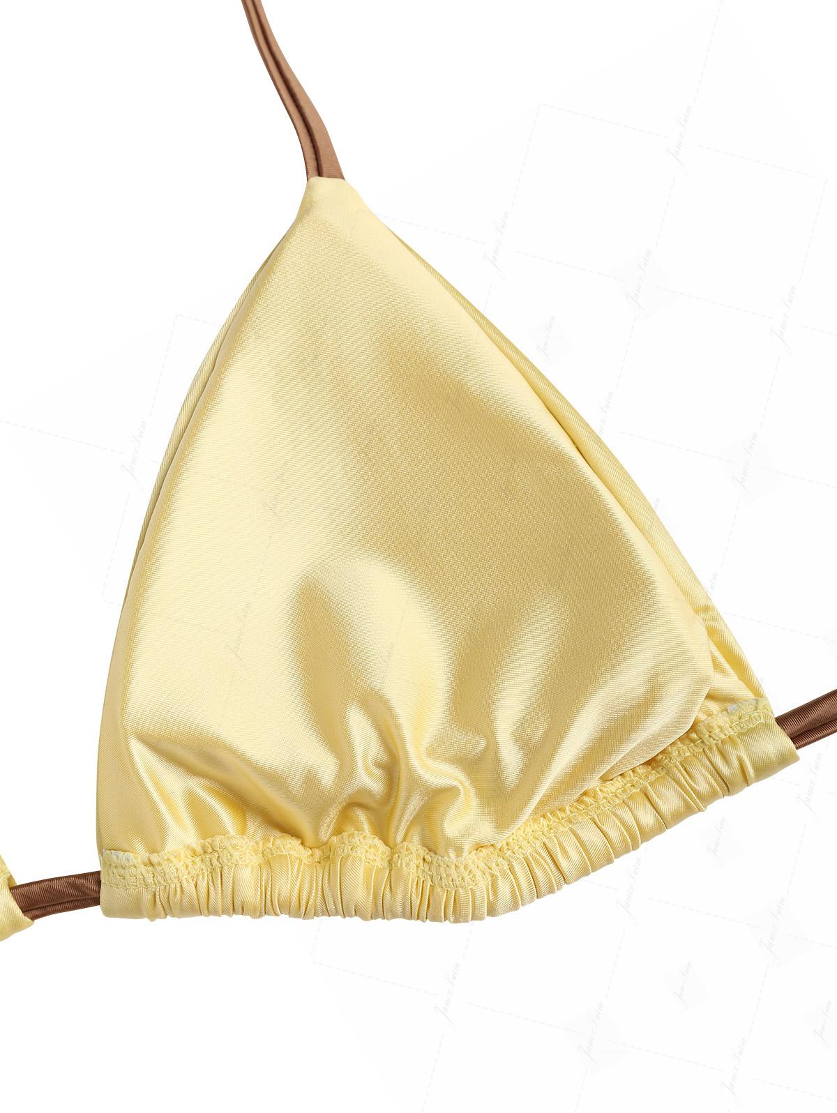 Light Yellow Satin Ruched Triangle Top & Cheeky Brazilian Bottom Bikini Set - Image 5