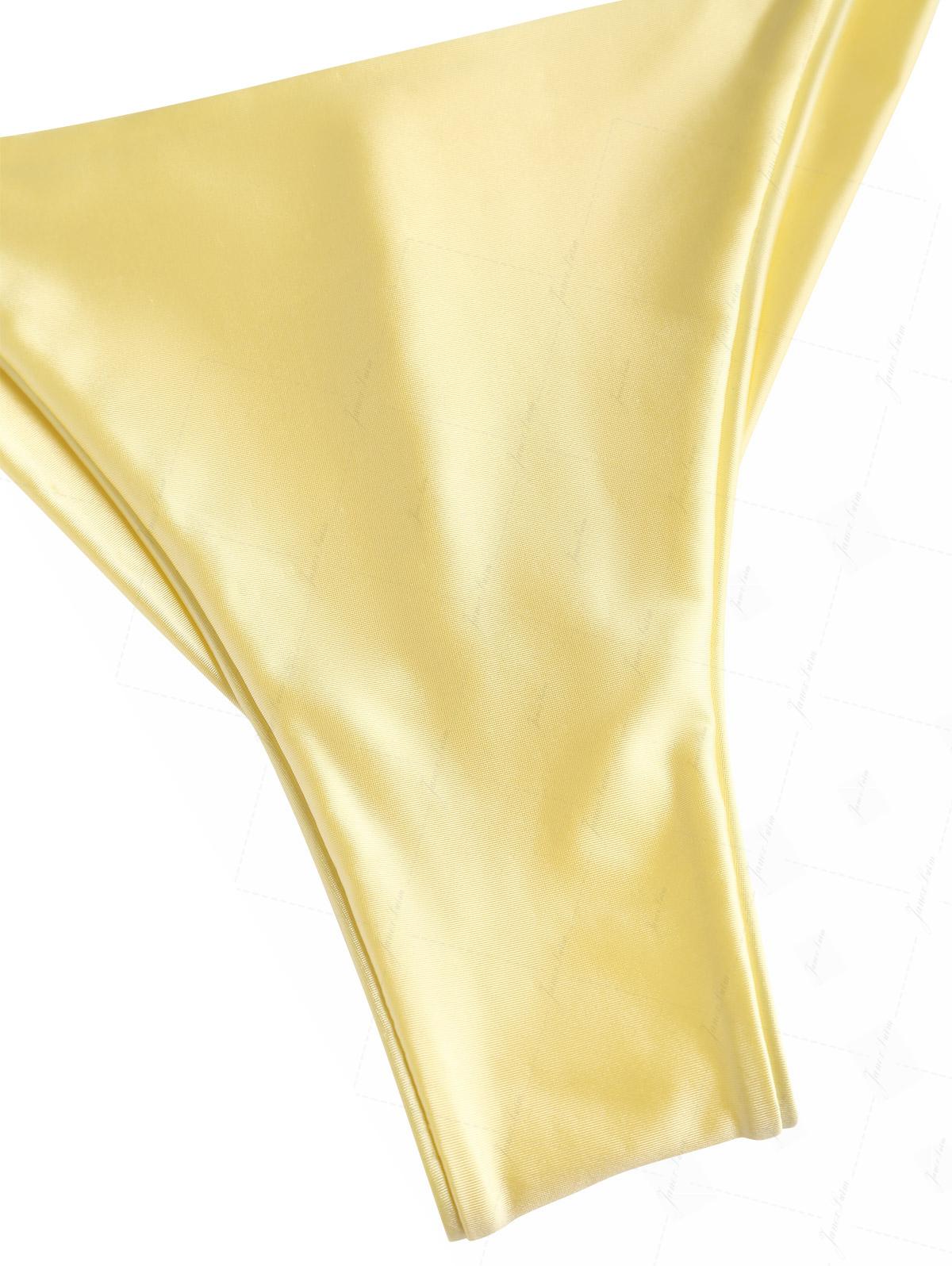 Light Yellow Satin Ruched Triangle Top & Cheeky Brazilian Bottom Bikini Set - Image 8