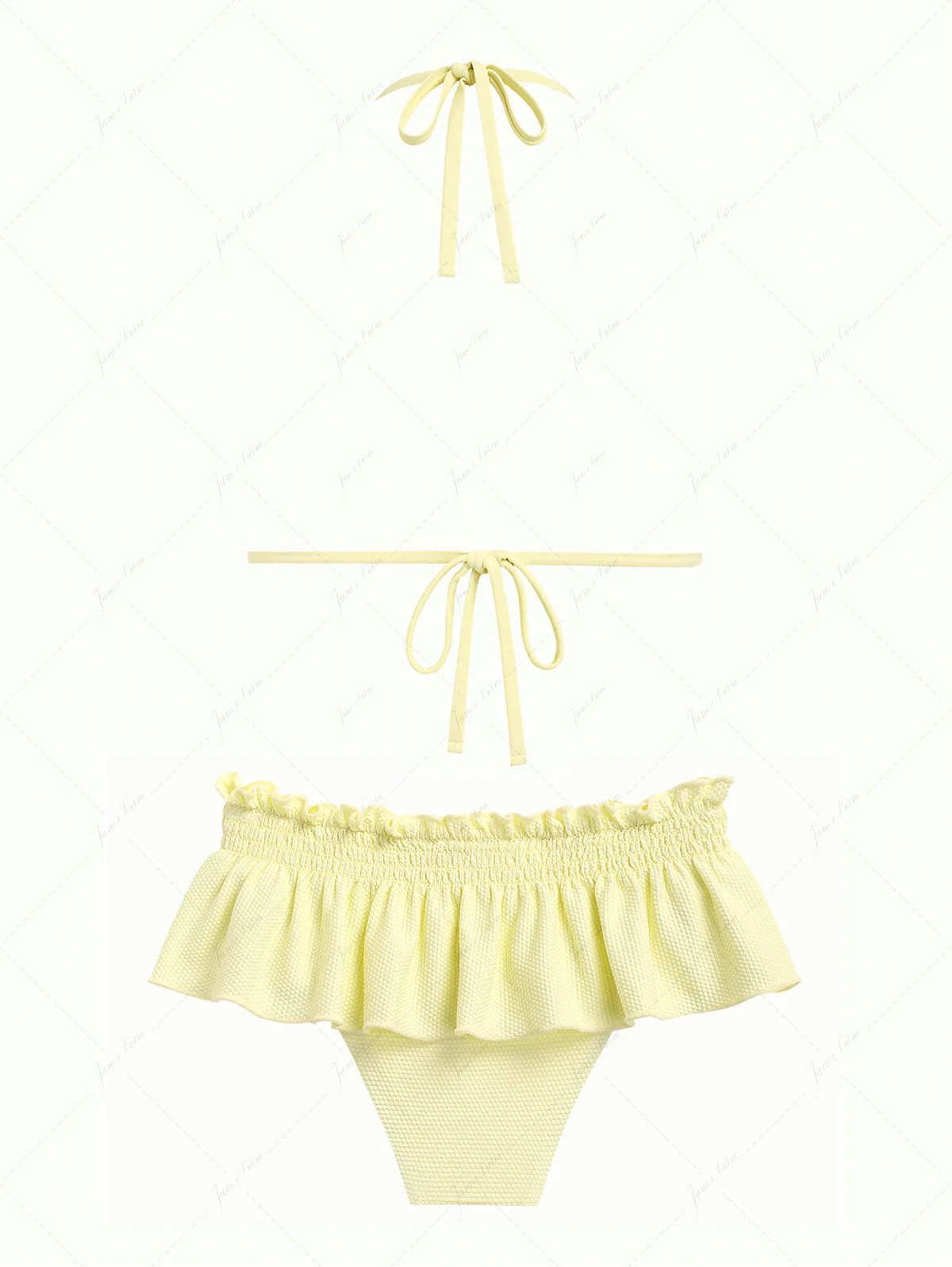 Light Yellow Textured Knit Fabric Lace Bowknot Triangle Skirtini Bikini Set - Image 2