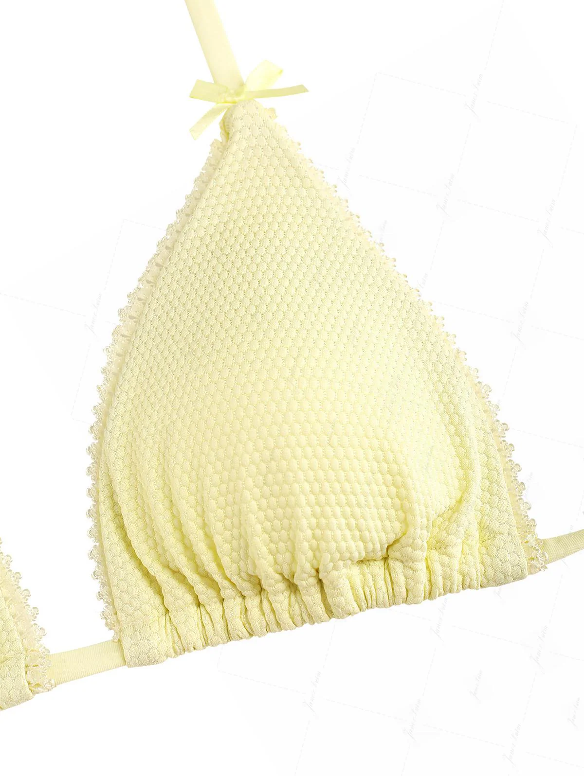 Light Yellow Textured Knit Fabric Lace Bowknot Triangle Skirtini Bikini Set - Image 3