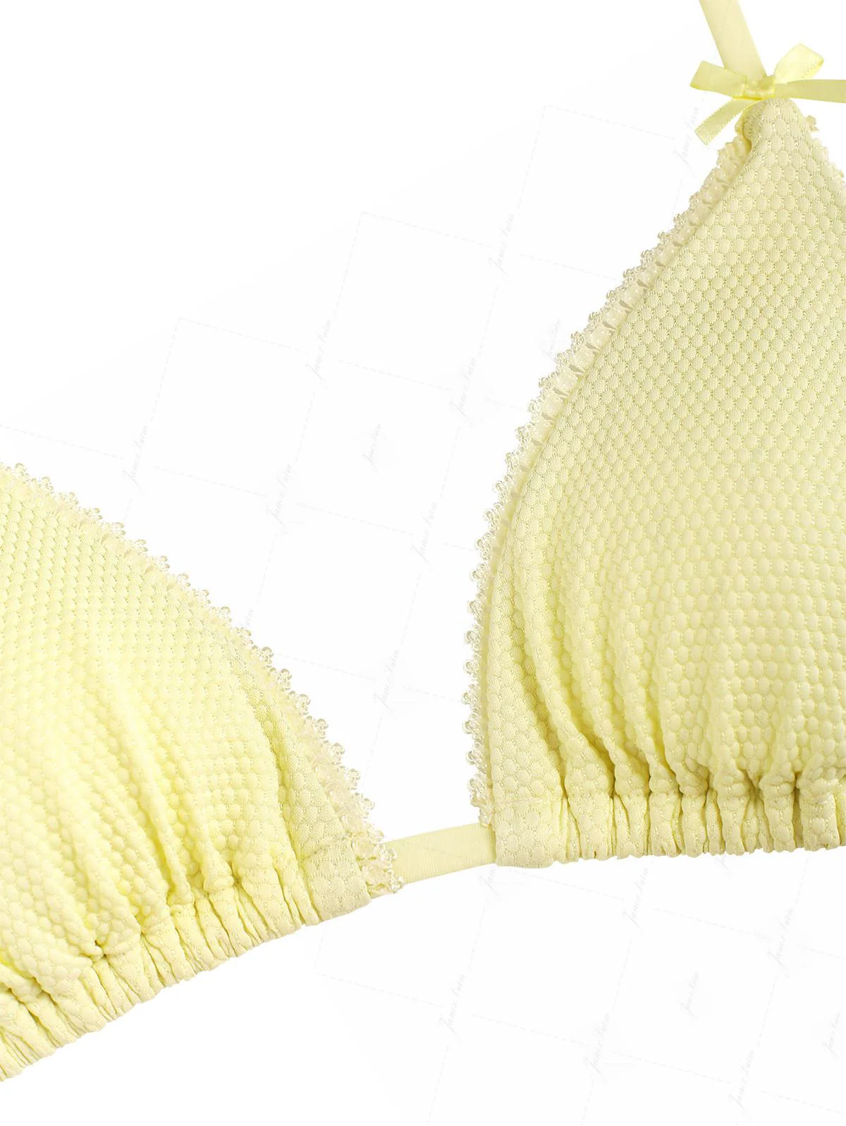 Light Yellow Textured Knit Fabric Lace Bowknot Triangle Skirtini Bikini Set - Image 4