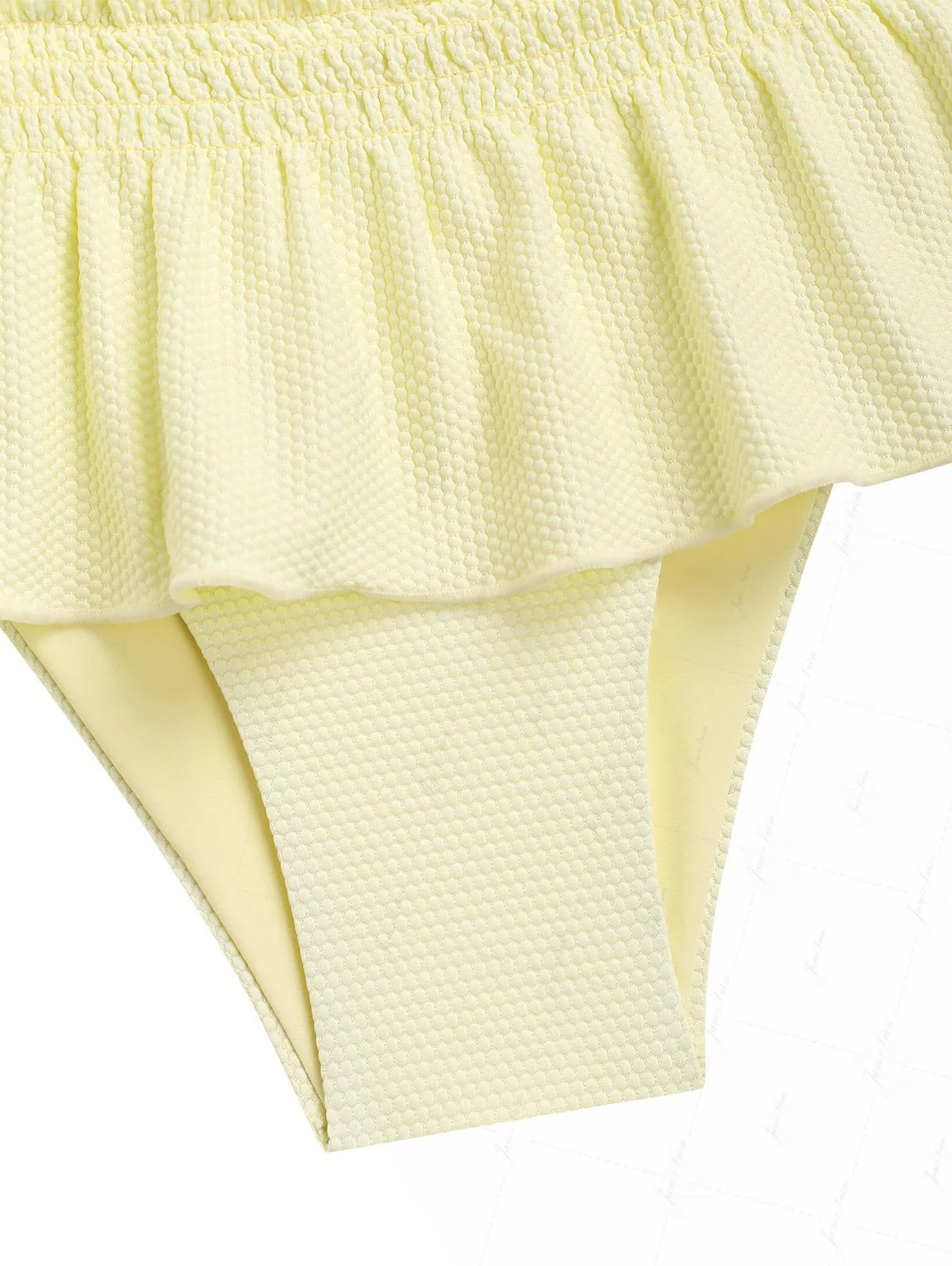 Light Yellow Textured Knit Fabric Lace Bowknot Triangle Skirtini Bikini Set - Image 7