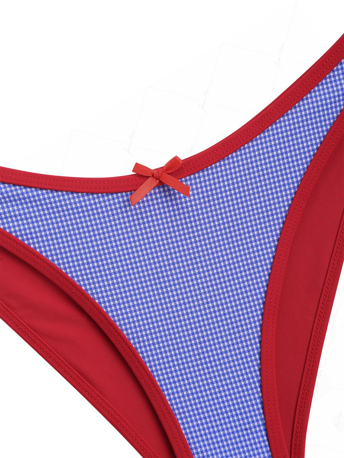 Navy Blue Knitted Plaid Bowknot Contrast Binding Bikini Bottom for 4th of July - Image 5