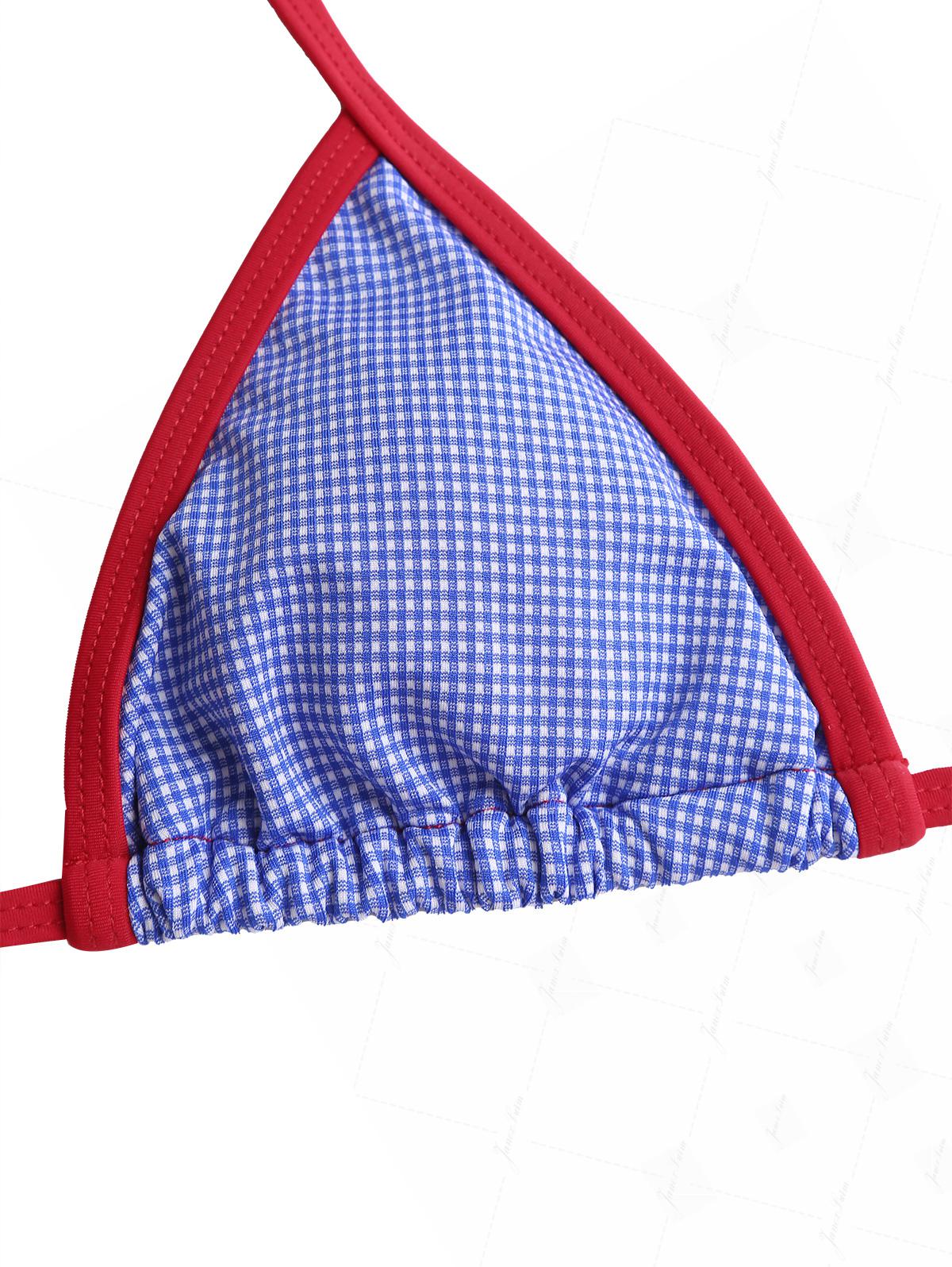 Navy Blue Knitted Plaid Contrast Binding Halter Triangle Bikini Top for 4th of July - Image 4