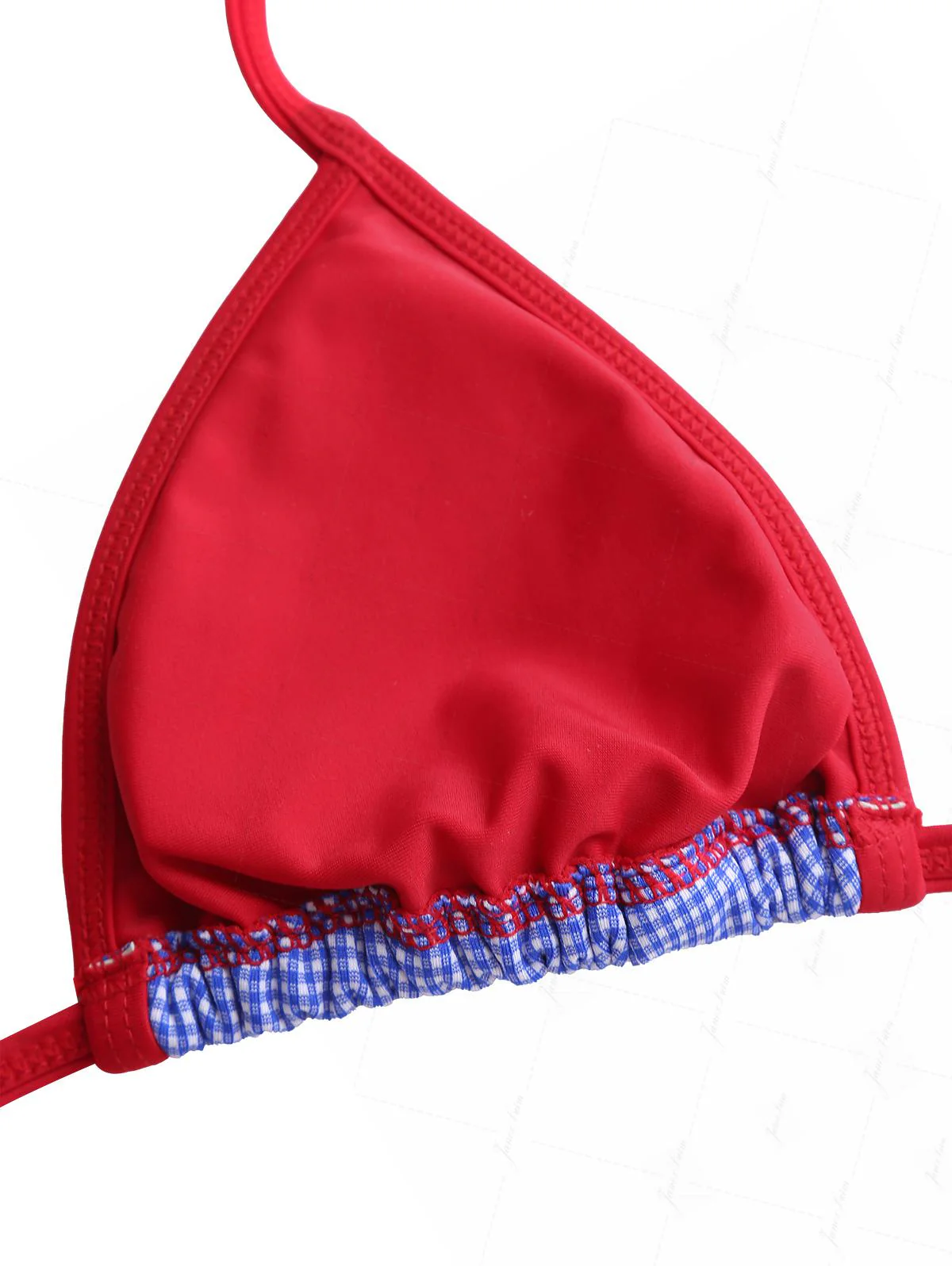 Navy Blue Knitted Plaid Contrast Binding Halter Triangle Bikini Top for 4th of July - Image 5