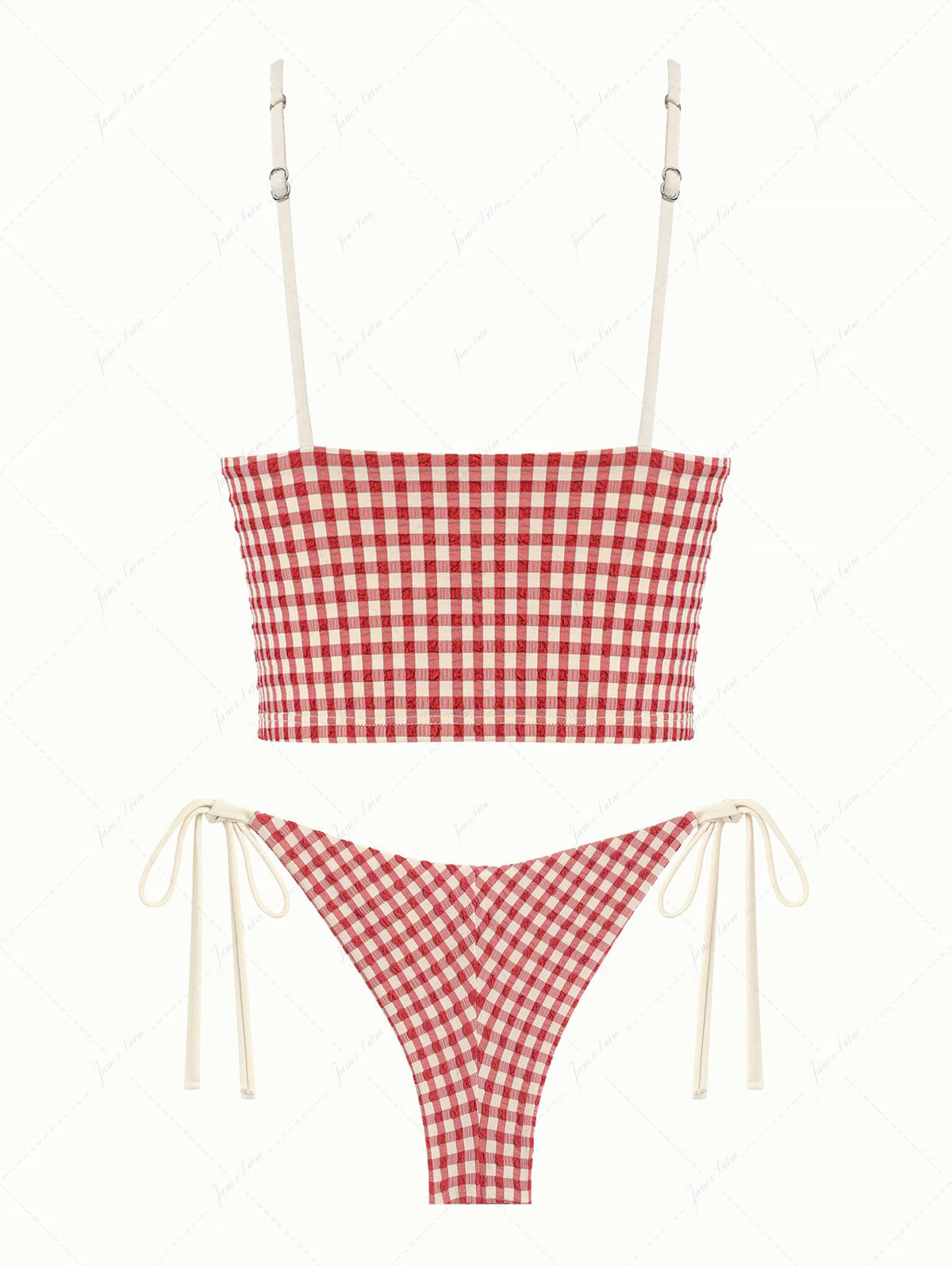 Pomegranate Red Gingham Lace Tank Top & Cheeky Brazilian Bottom Tankini Set - Image 2
