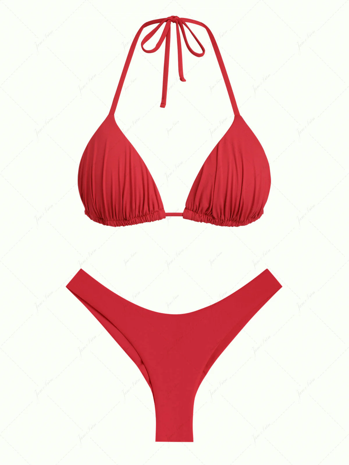 Red Ruched Halter Triangle Top & Cheeky Brazilian Bottom Bikini Set