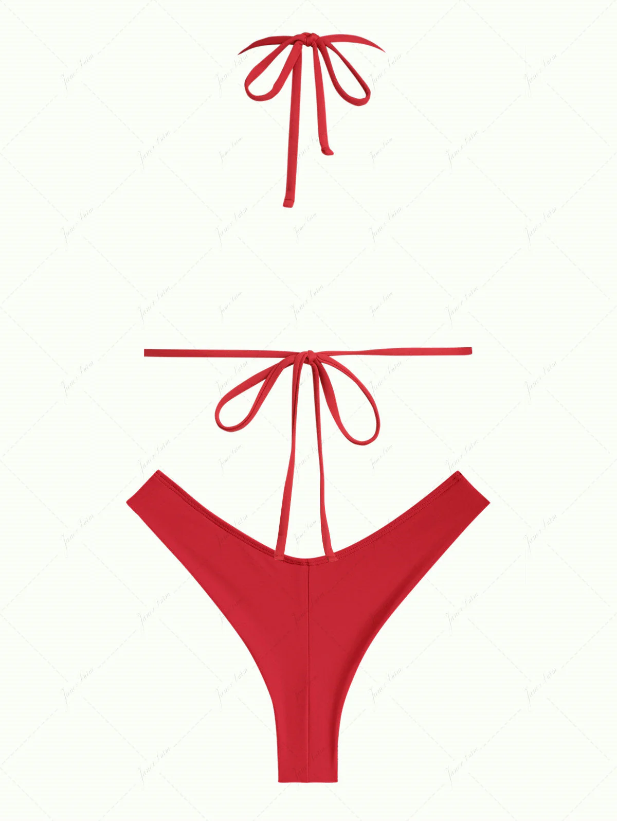 Red Ruched Halter Triangle Top & Cheeky Brazilian Bottom Bikini Set - Image 2