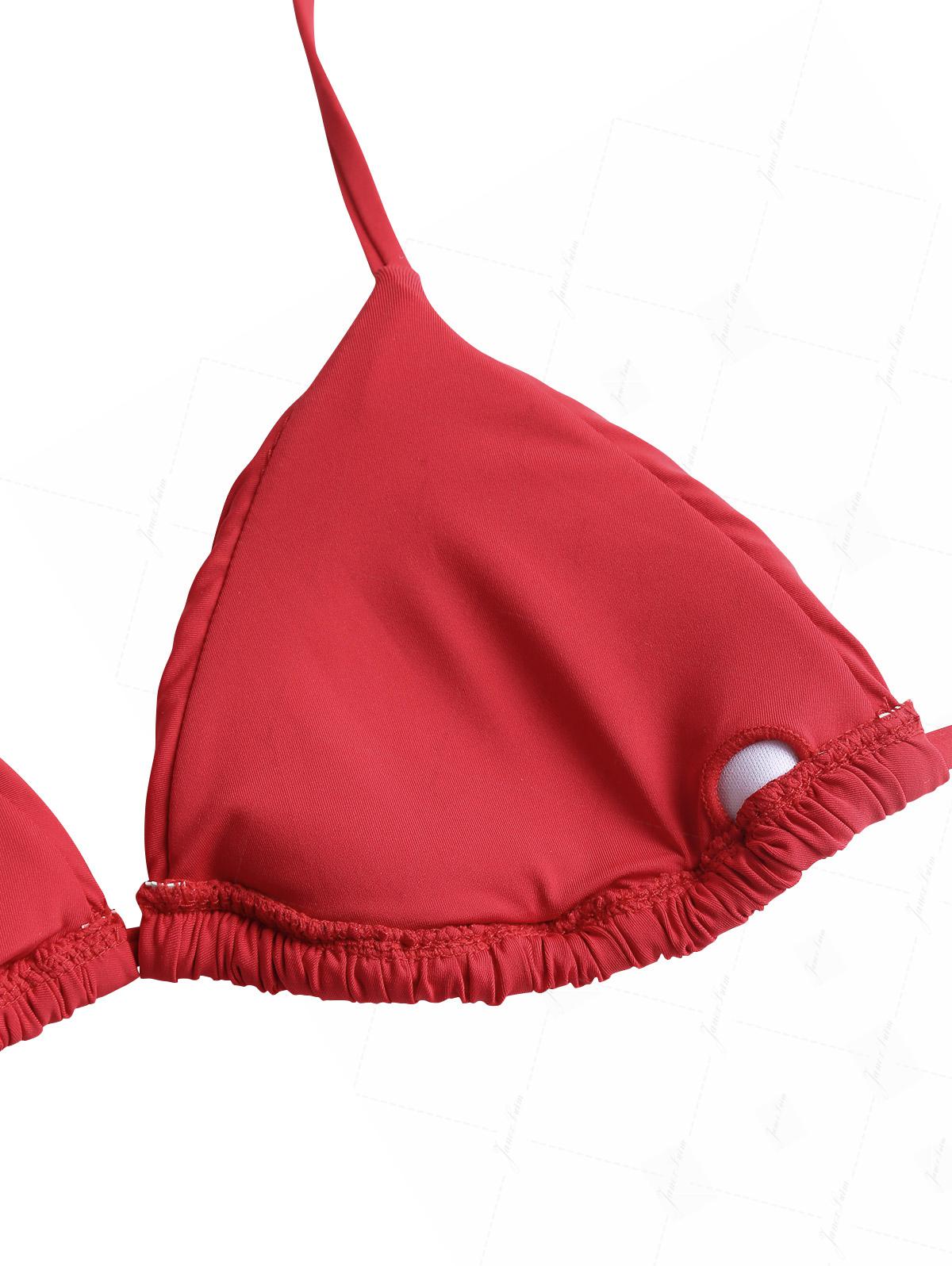 Red Ruched Halter Triangle Top & Cheeky Brazilian Bottom Bikini Set - Image 4