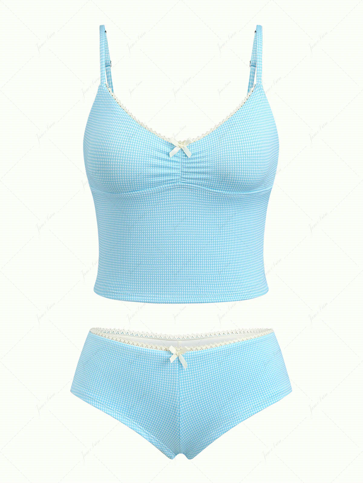 Sky Blue Plaid Ruched Lace Bowknot Cheeky Boyshorts Tankini Set