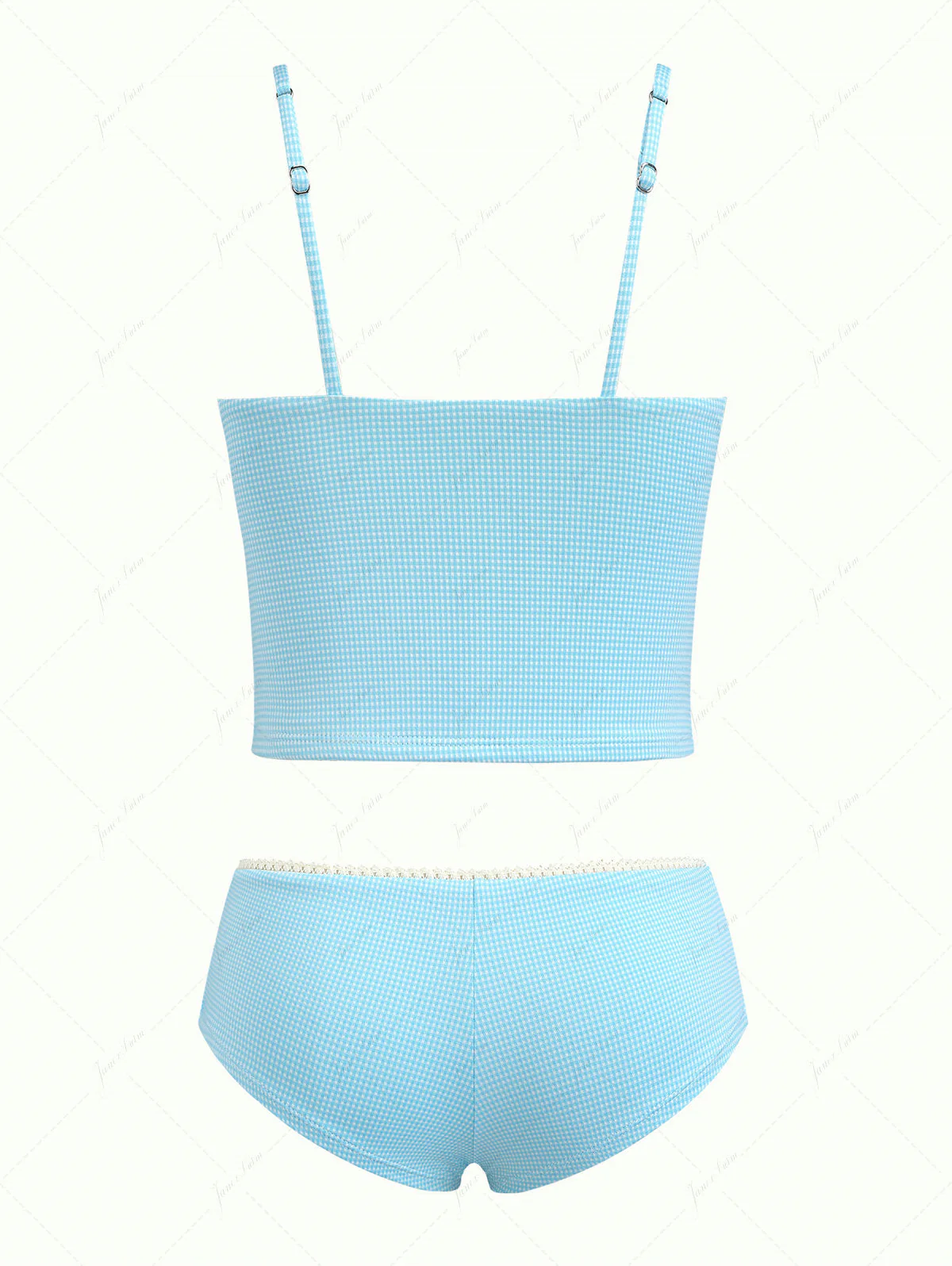 Sky Blue Plaid Ruched Lace Bowknot Cheeky Boyshorts Tankini Set - Image 2