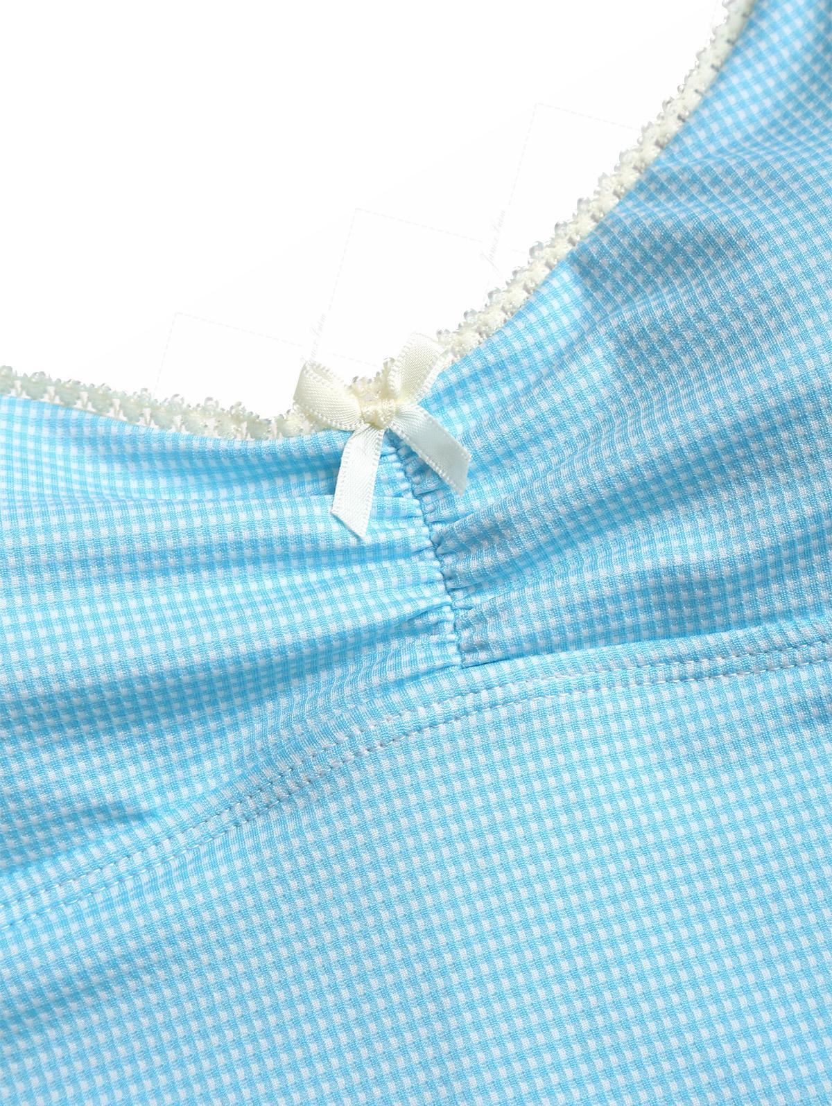 Sky Blue Plaid Ruched Lace Bowknot Cheeky Boyshorts Tankini Set - Image 3