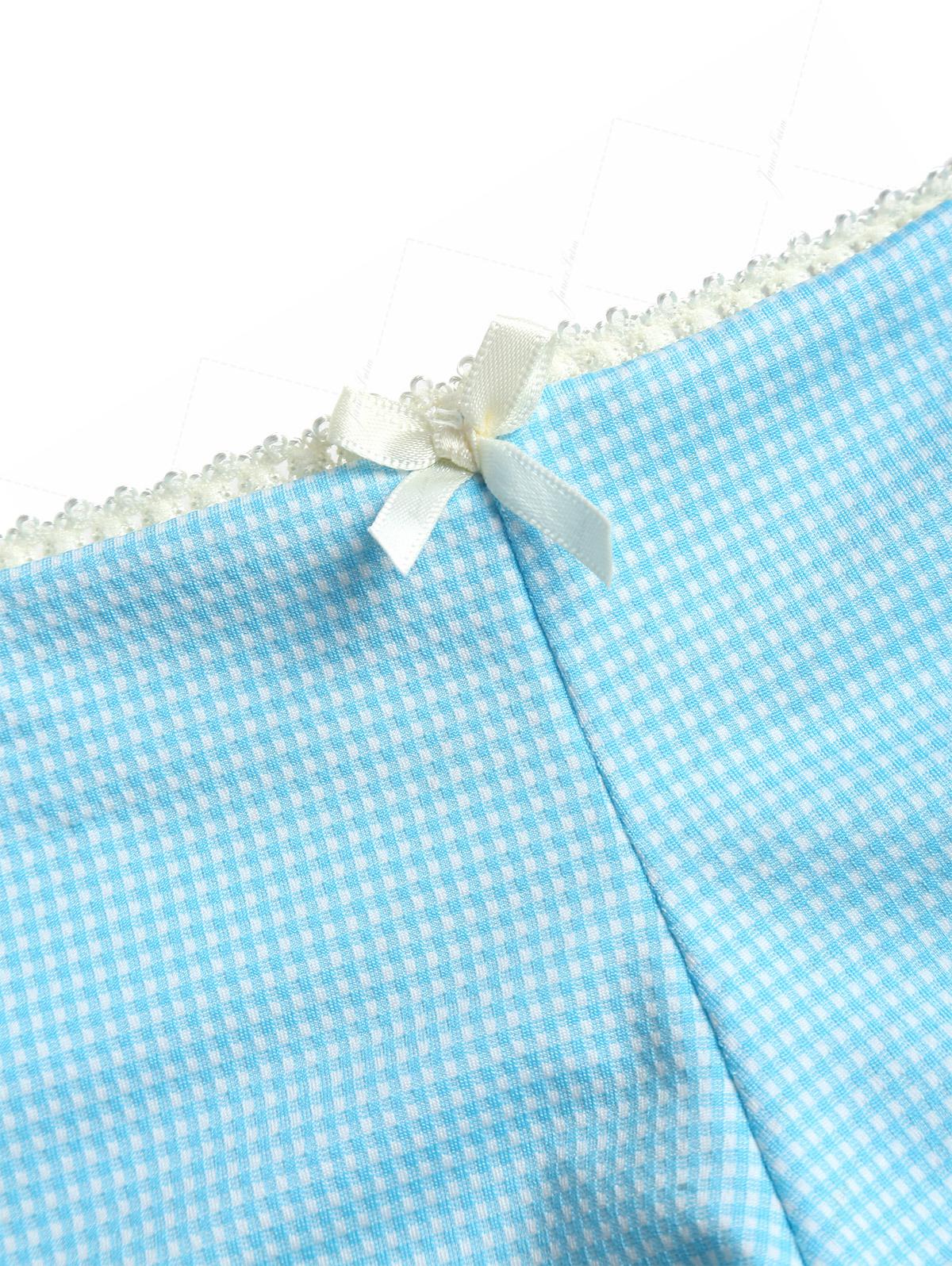 Sky Blue Plaid Ruched Lace Bowknot Cheeky Boyshorts Tankini Set - Image 6