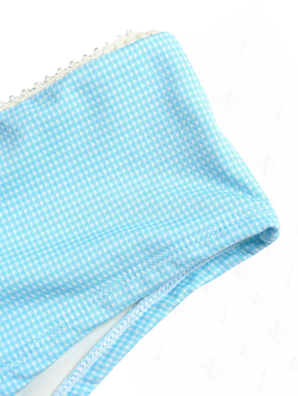 Sky Blue Plaid Ruched Lace Bowknot Cheeky Boyshorts Tankini Set - Image 8