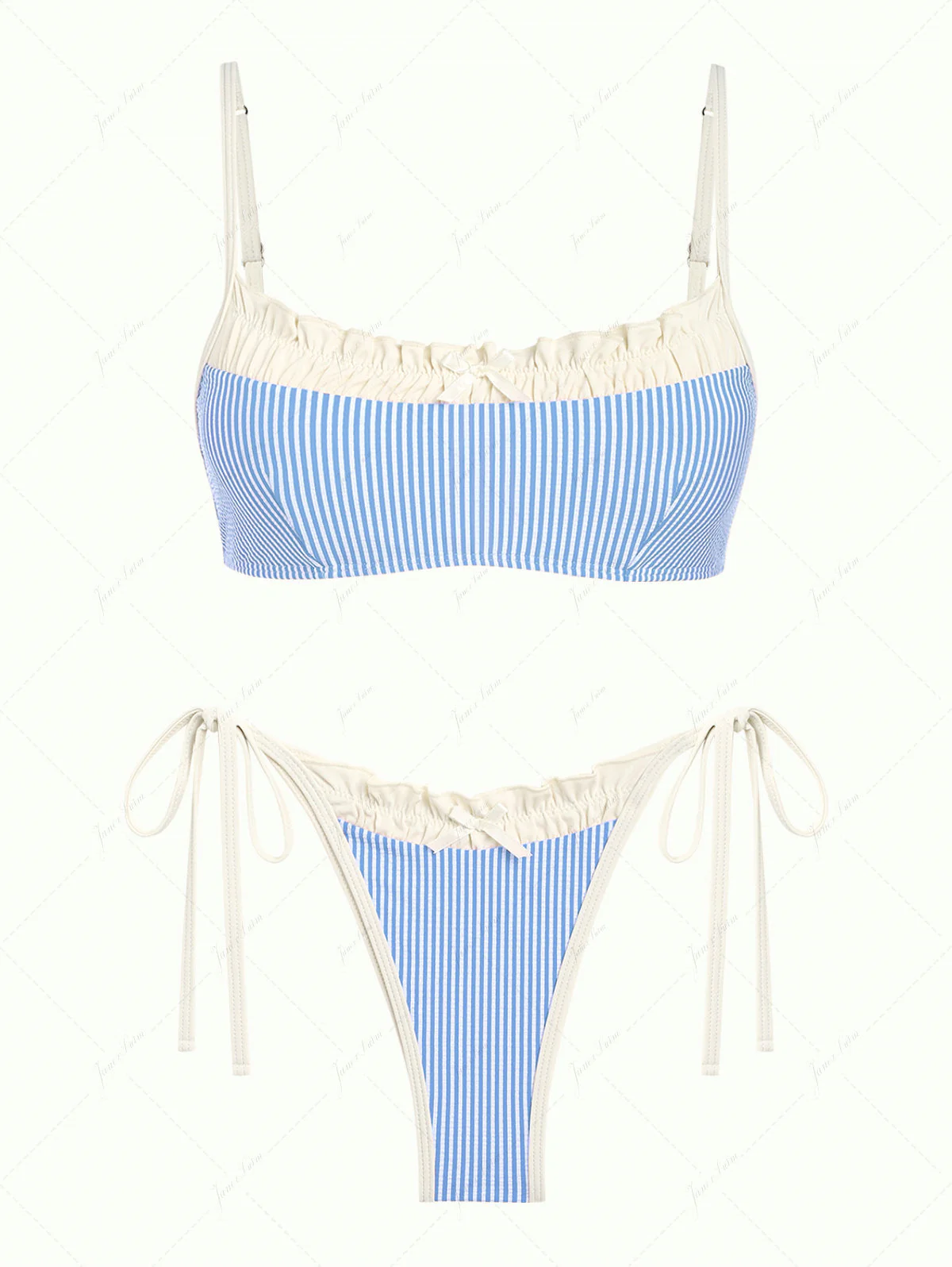Light Blue Striped Spliced Ruched Ruffles Tie Side Bikini Set