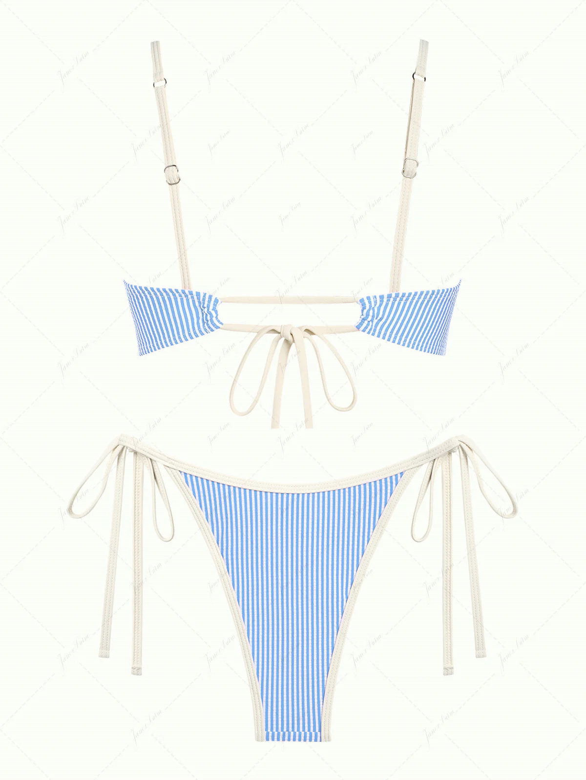 Light Blue Striped Spliced Ruched Ruffles Tie Side Bikini Set - Image 2