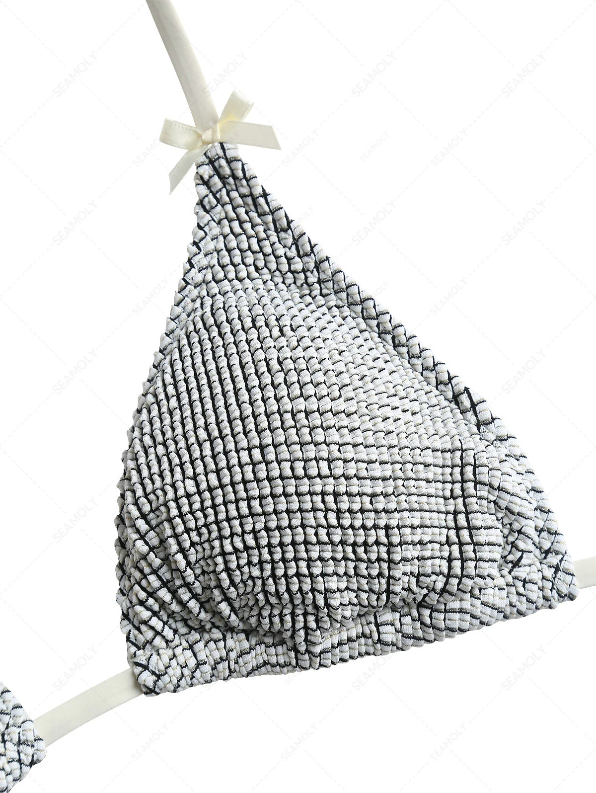 White Textured Fabric Bowknot Triangle Bikini Top - Image 4