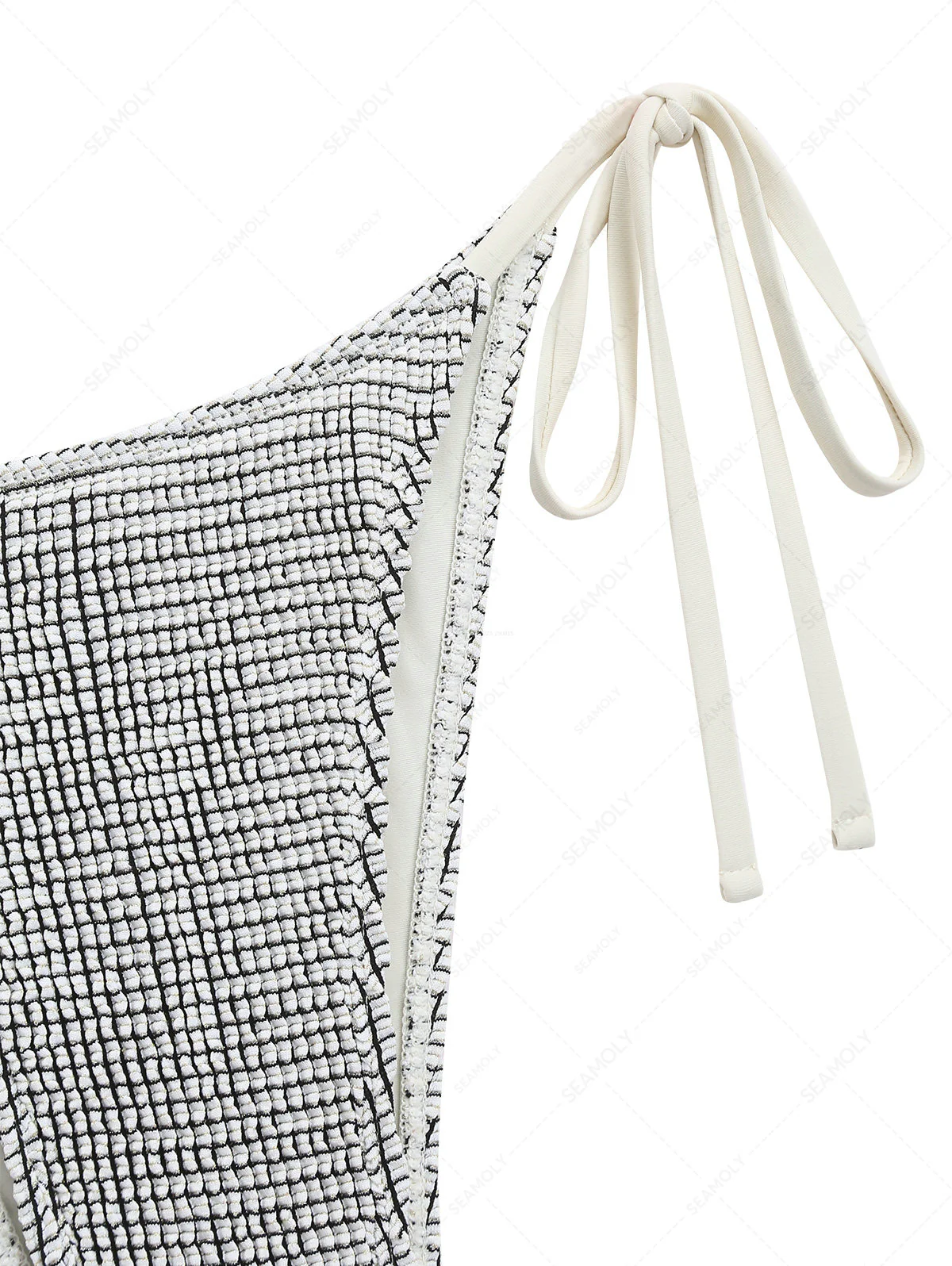 White Textured Fabric Tie Side String Cheeky Bikini Bottom - Image 3